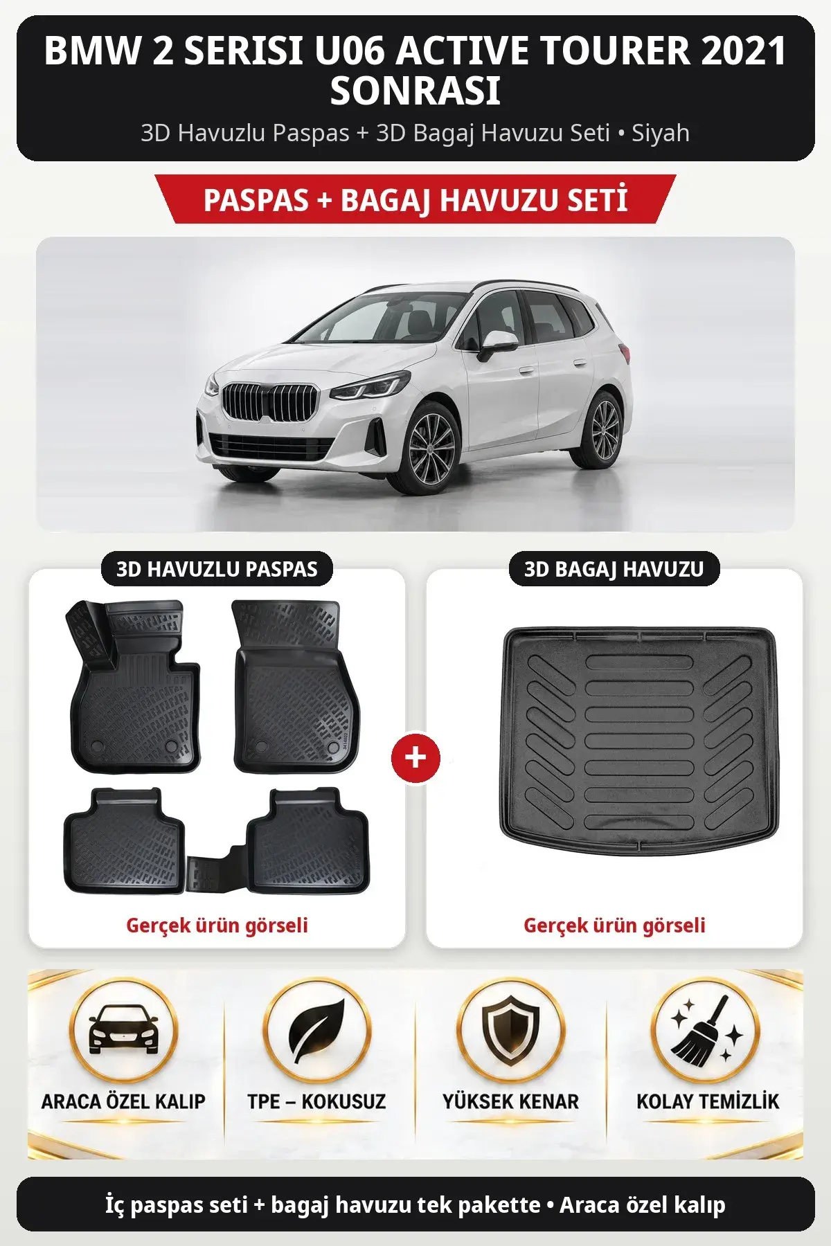BMW 2 Serisi U06 Active Tourer 2021 Sonrası 3D Havuzlu Paspas + 3D Bagaj Havuzu Seti Siyah (1)