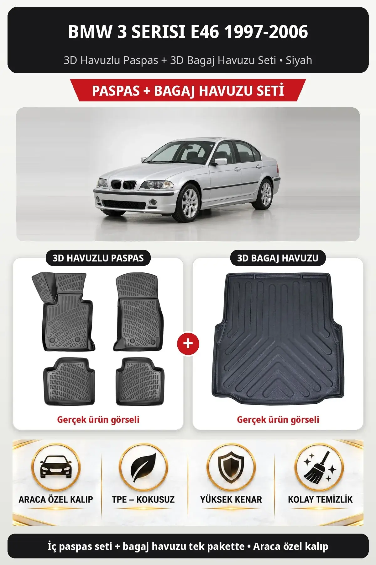 BMW 3 Serisi E46 1997-2006 3D Havuzlu Paspas + 3D Bagaj Havuzu Seti Siyah (1)