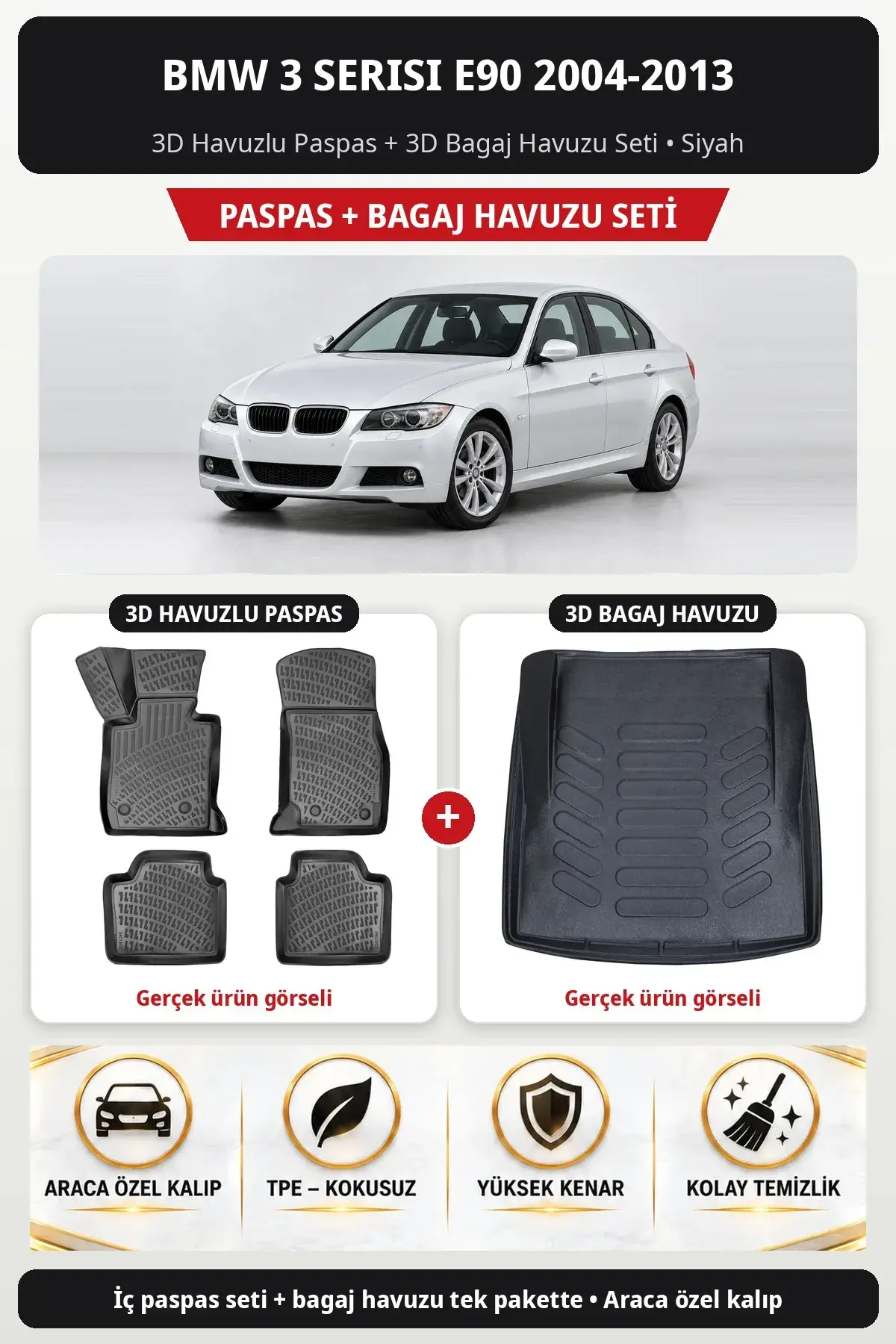 BMW 3 Serisi E90 2004-2013 3D Havuzlu Paspas + 3D Bagaj Havuzu Seti Siyah (1)