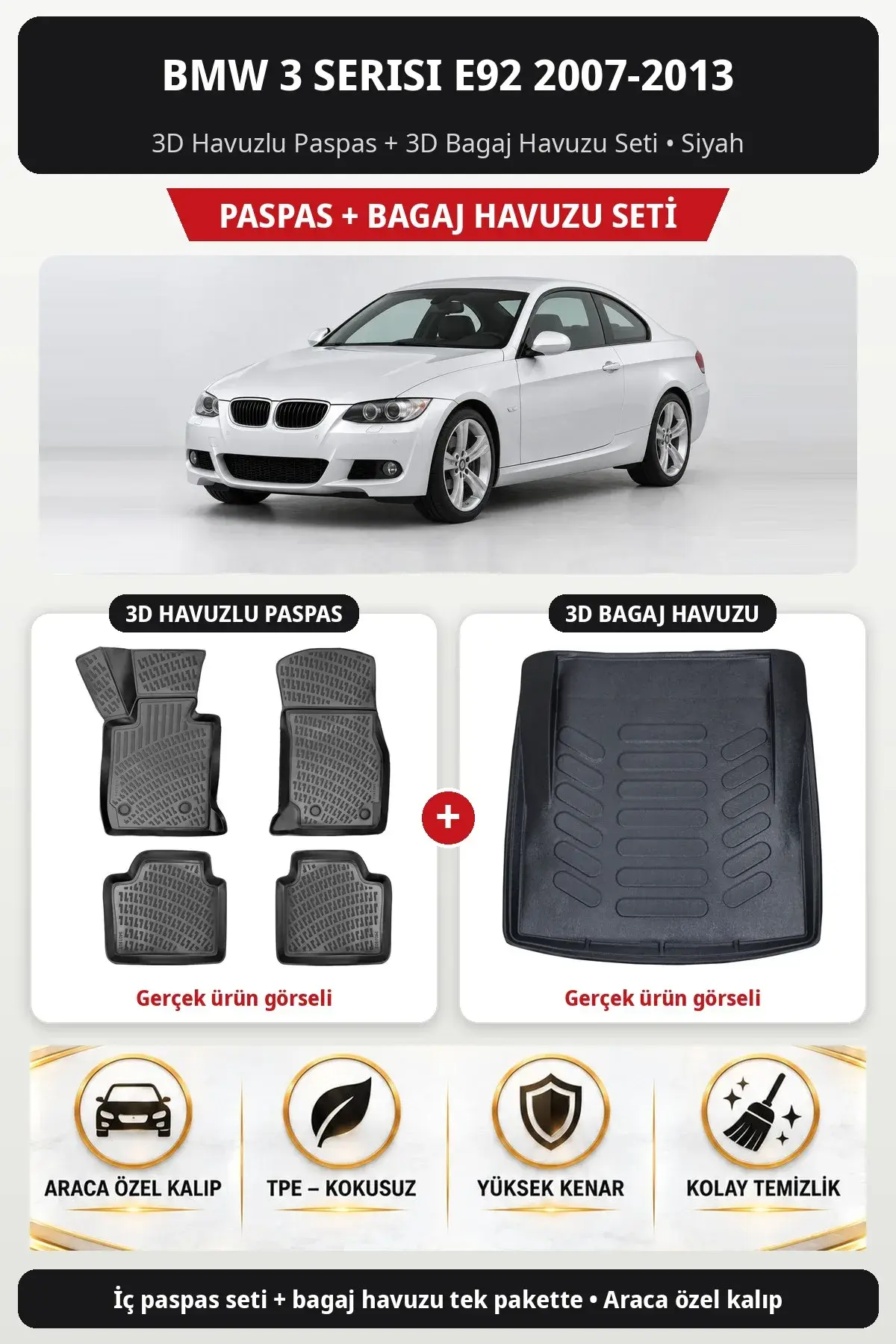 BMW 3 Serisi E92 2007-2013 3D Havuzlu Paspas + 3D Bagaj Havuzu Seti Siyah (1)