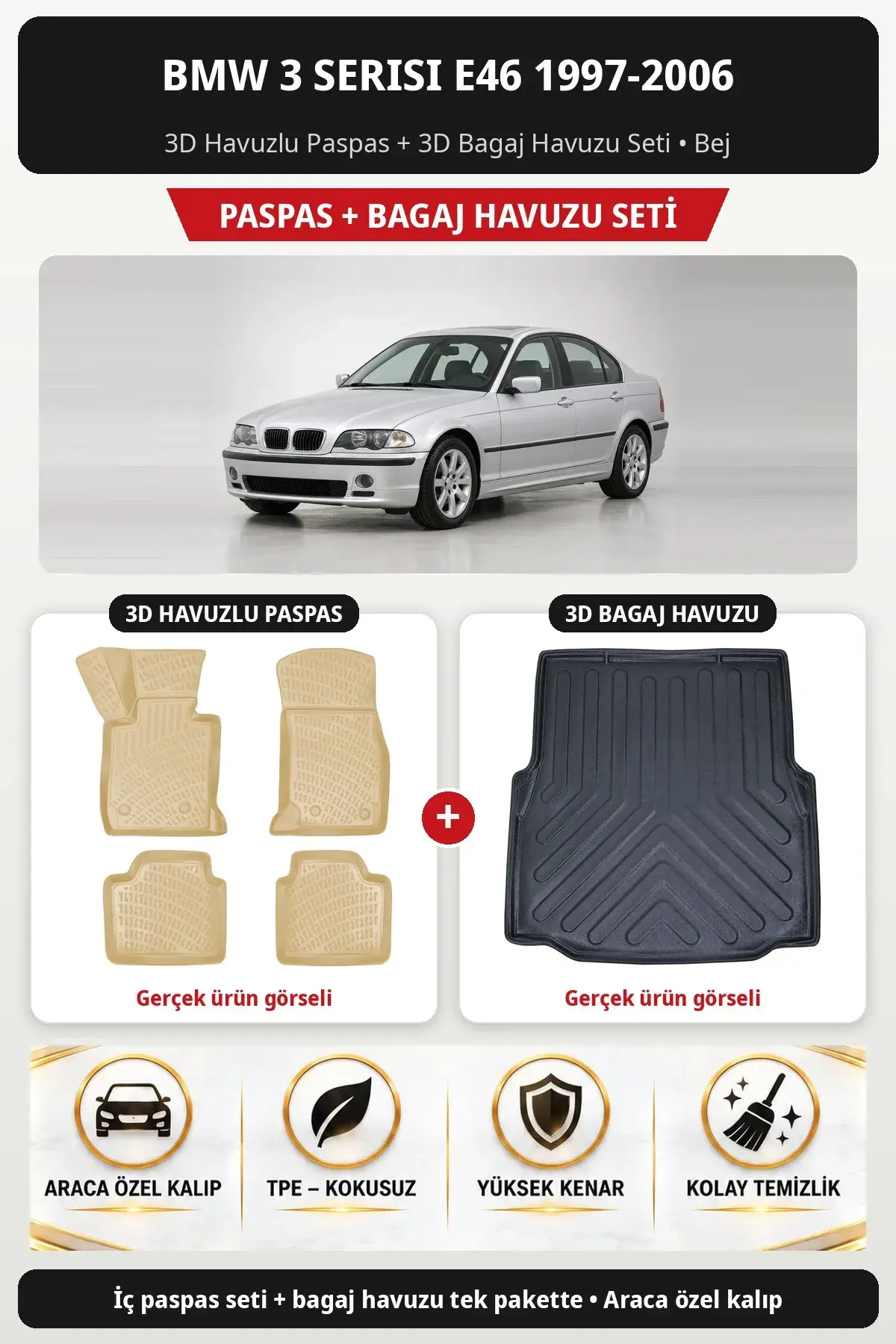 BMW 3 Serisi E46 1997-2006 3D Havuzlu Paspas + 3D Bagaj Havuzu Seti Bej (1)