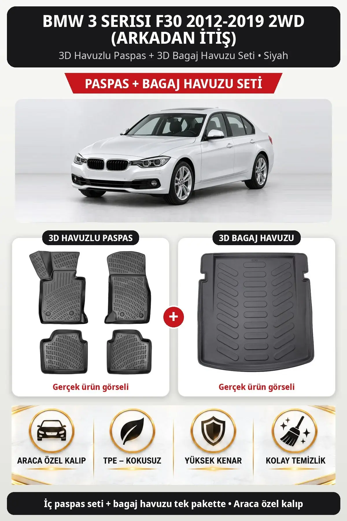 BMW 3 Serisi F30 2012-2019 2WD (arkadan itiş) 3D Havuzlu Paspas + 3D Bagaj Havuzu Seti Siyah (1)