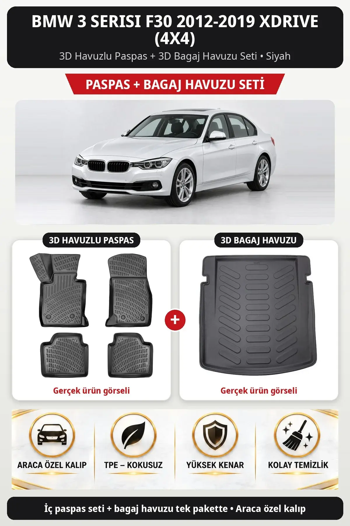 BMW 3 Serisi F30 2012-2019 xDRIVE (4x4) 3D Havuzlu Paspas + 3D Bagaj Havuzu Seti Siyah (1)