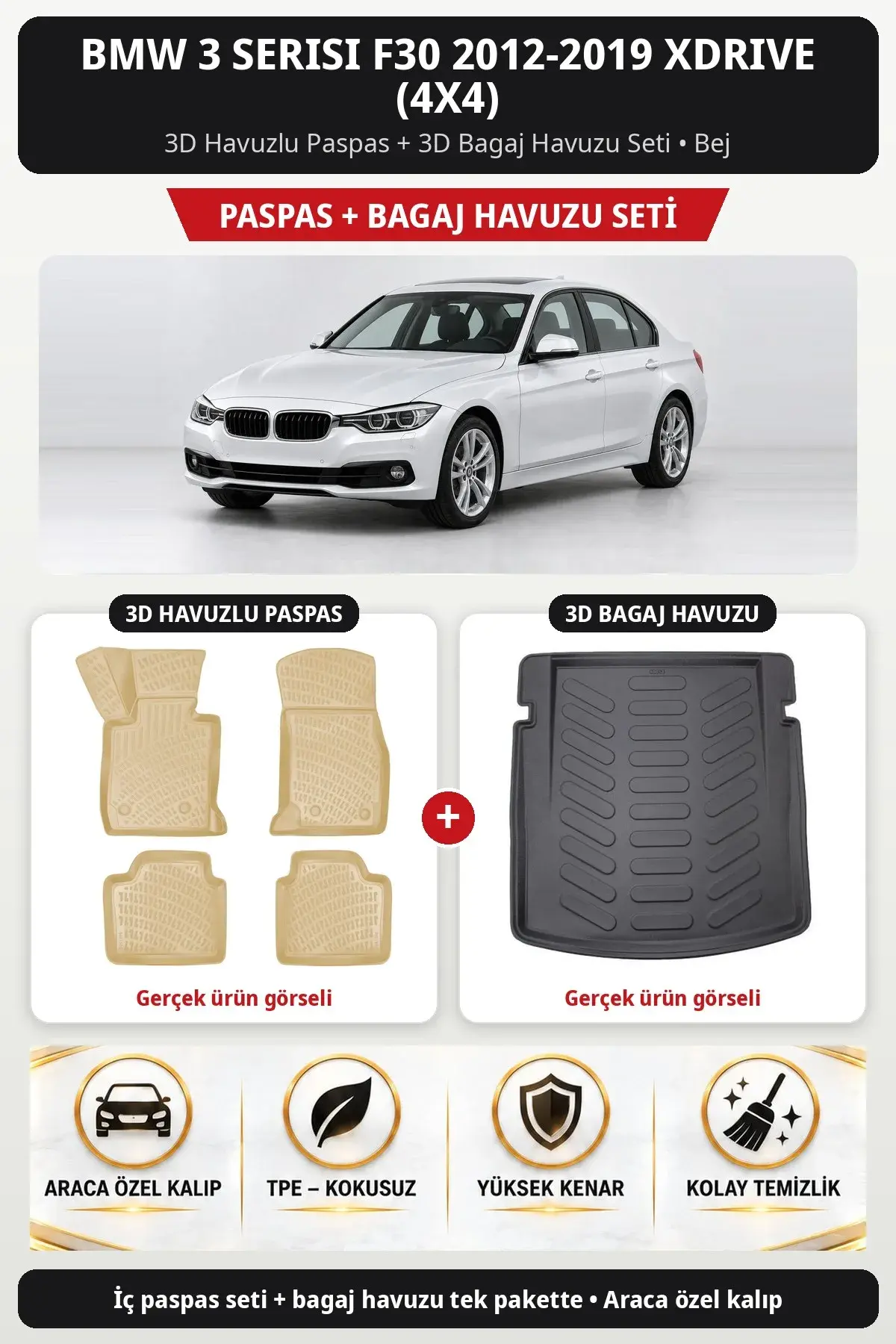 BMW 3 Serisi F30 2012-2019 xDRIVE (4x4) 3D Havuzlu Paspas + 3D Bagaj Havuzu Seti Bej (1)