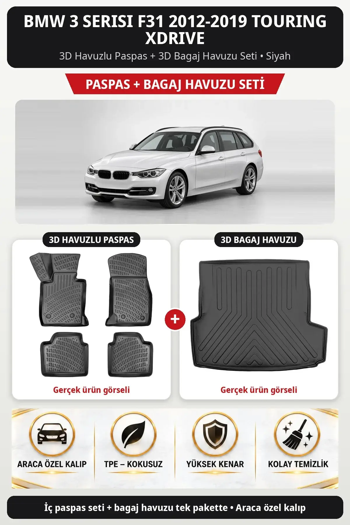 BMW 3 Serisi F31 2012-2019 Touring xDrive 3D Havuzlu Paspas + 3D Bagaj Havuzu Seti Siyah (1)