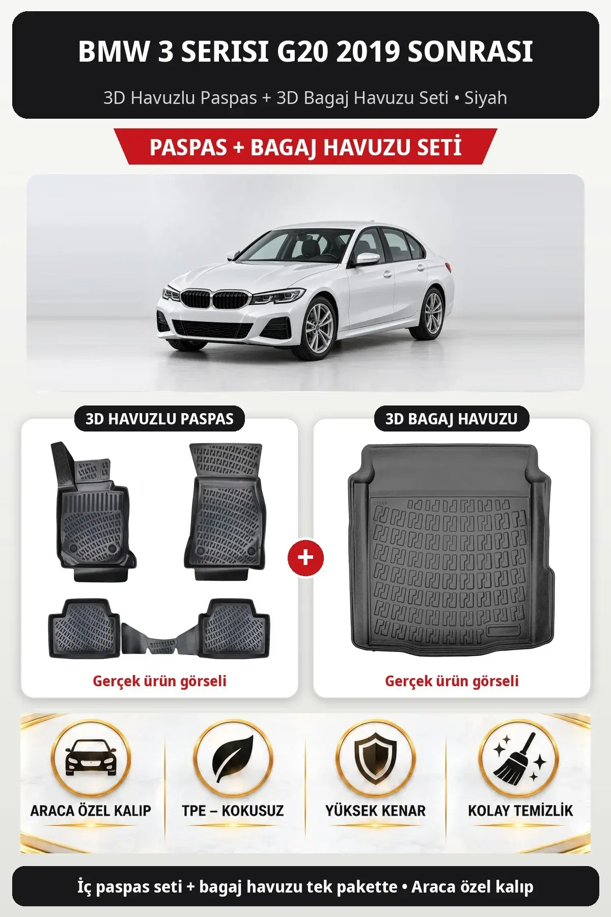 BMW 3 Serisi G20 2019 Sonrası 3D Havuzlu Paspas + 3D Bagaj Havuzu Seti Siyah (1)