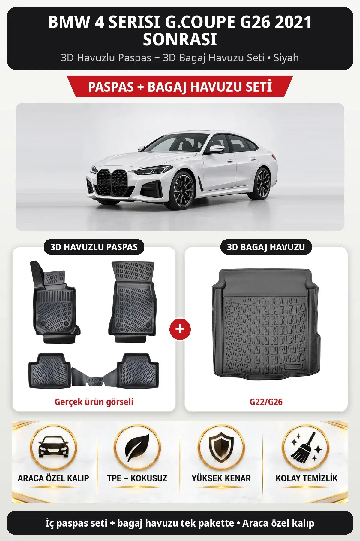 BMW 4 Serisi G.Coupe G26 2021 Sonrası 3D Havuzlu Paspas + 3D Bagaj Havuzu Seti (G22/G26) Siyah (1)