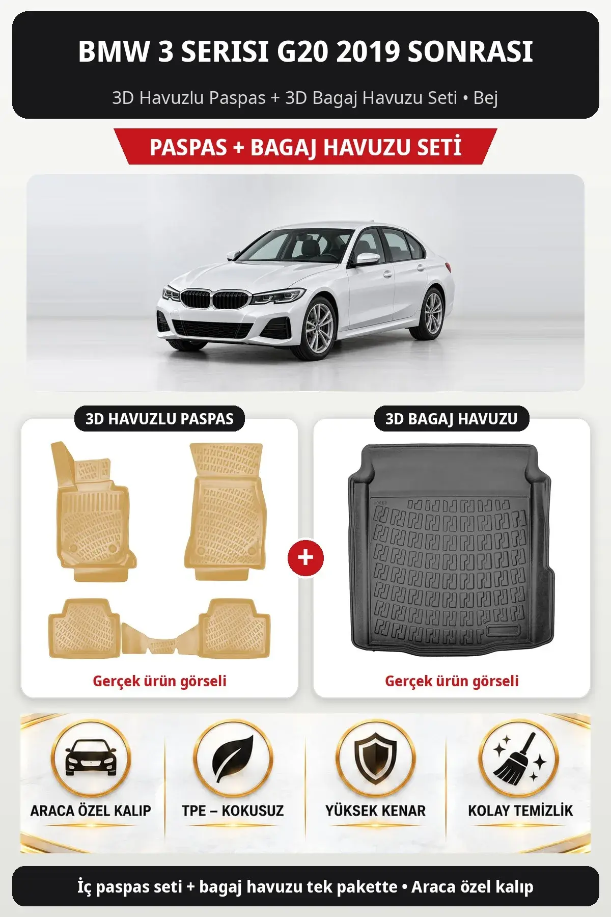 BMW 3 Serisi G20 2019 Sonrası 3D Havuzlu Paspas + 3D Bagaj Havuzu Seti Bej (1)