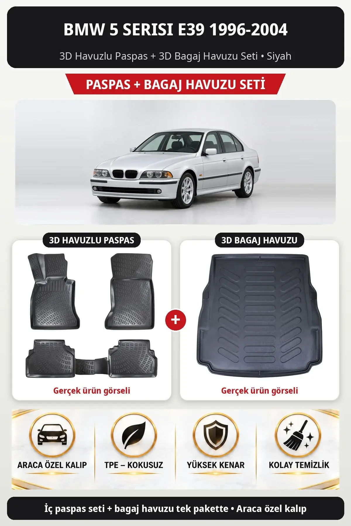 BMW 5 Serisi E39 1996-2004 3D Havuzlu Paspas + 3D Bagaj Havuzu Seti Siyah (1)