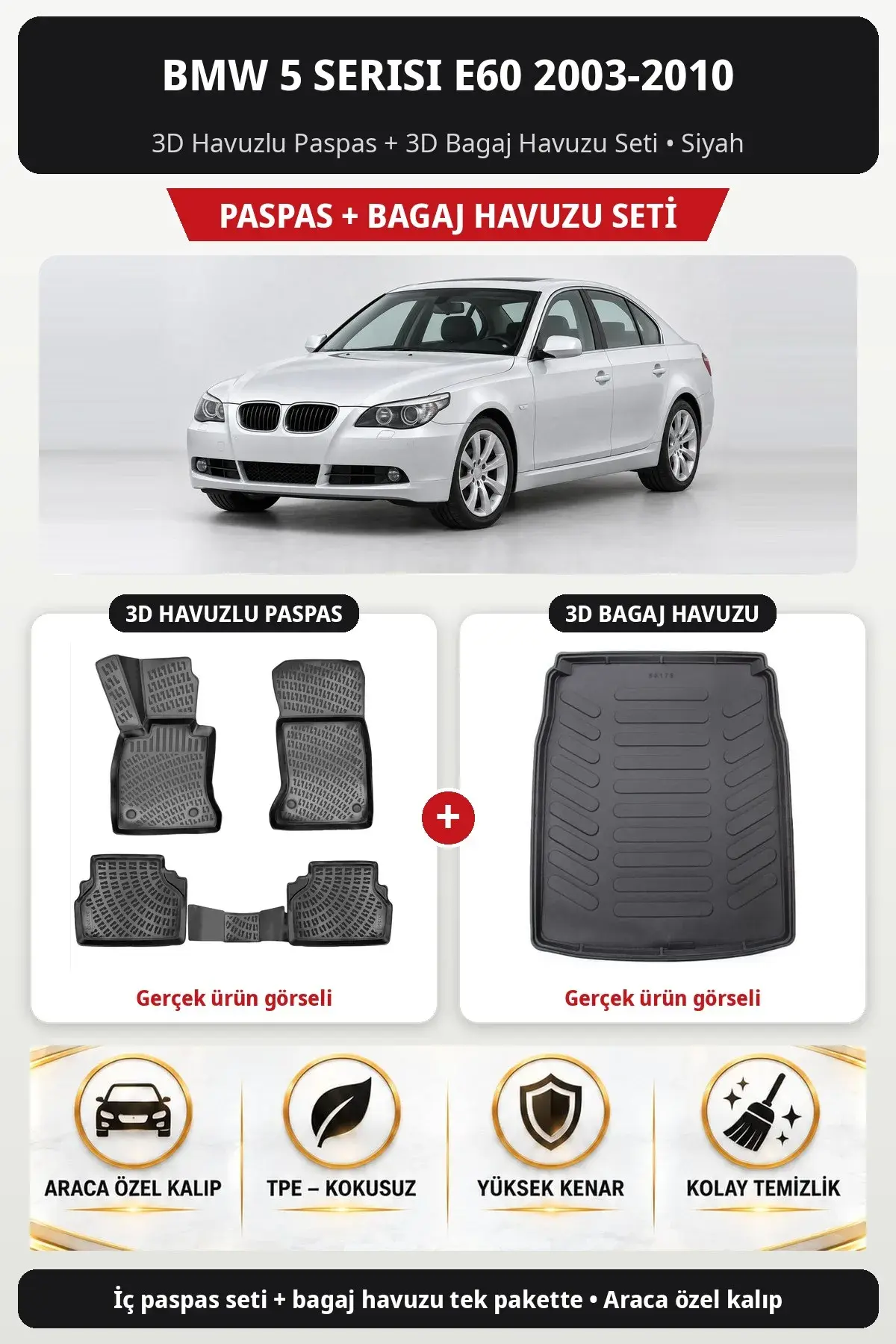 BMW 5 Serisi E60 2003-2010 3D Havuzlu Paspas + 3D Bagaj Havuzu Seti Siyah (1)