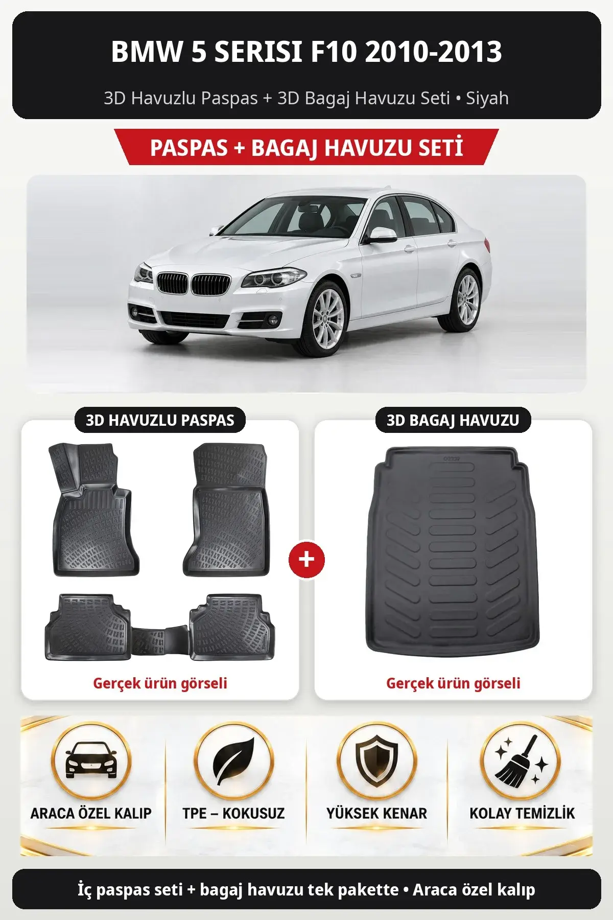 BMW 5 Serisi F10 2010-2013 3D Havuzlu Paspas + 3D Bagaj Havuzu Seti Siyah (1)