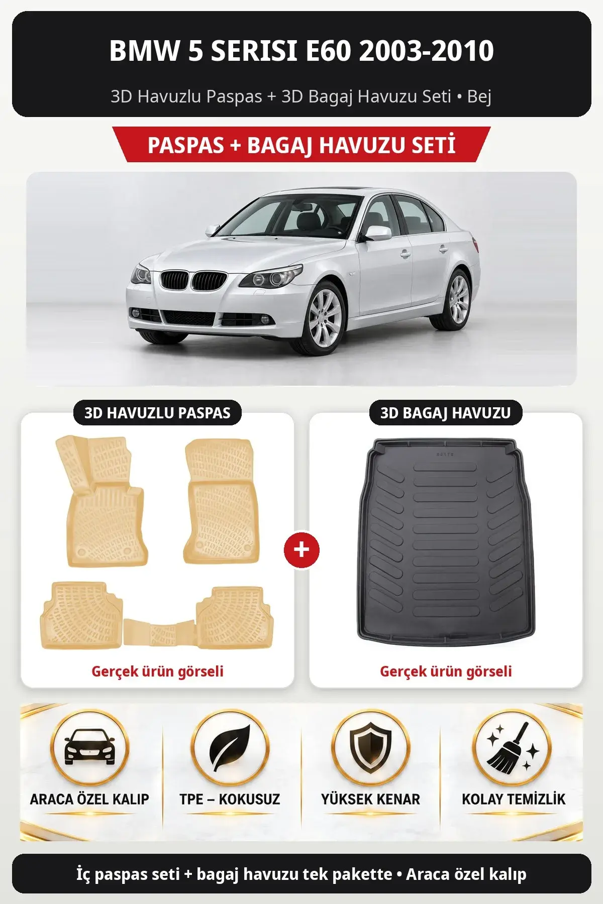 BMW 5 Serisi E60 2003-2010 3D Havuzlu Paspas + 3D Bagaj Havuzu Seti Bej (1)