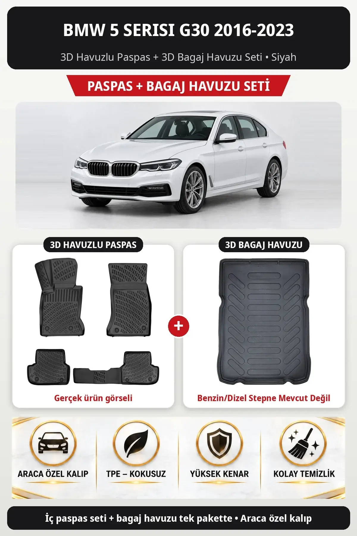 BMW 5 Serisi G30 2016-2023 3D Paspas + Bagaj Havuzu Seti (Benzin/Dizel Stepne Mevcut Değil) Bej (1)