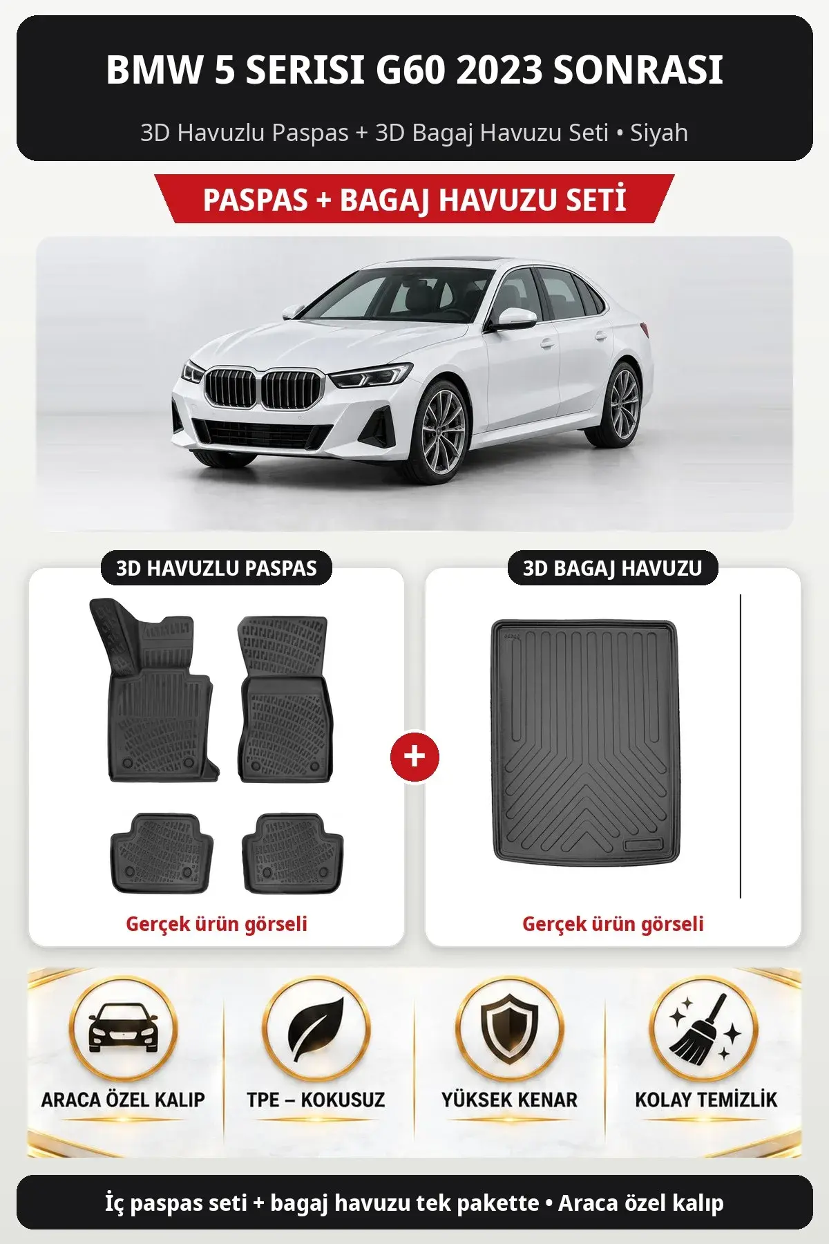 BMW 5 Serisi G60 2023 Sonrası 3D Havuzlu Paspas + 3D Bagaj Havuzu Seti Siyah (1)