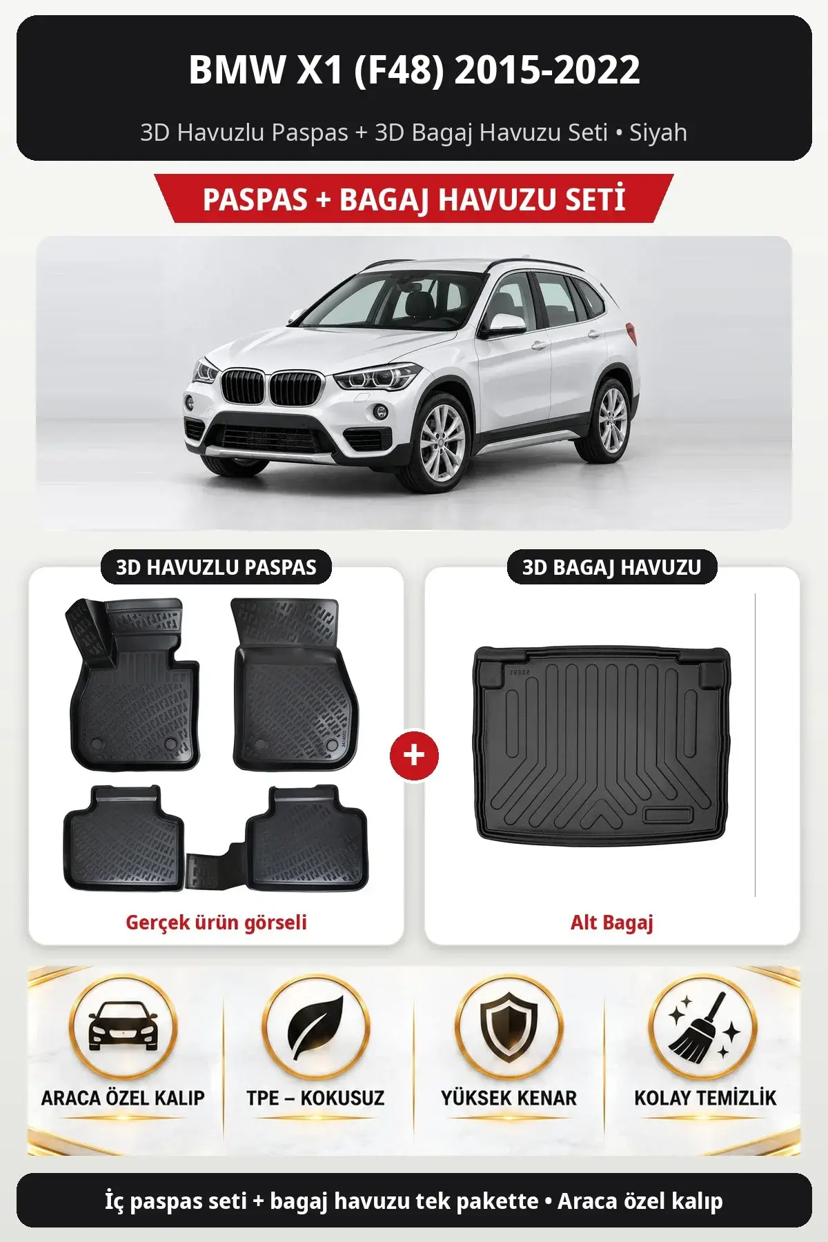 BMW X1 (F48) 2015-2022 3D Havuzlu Paspas + 3D Bagaj Havuzu Seti (Alt Bagaj) Siyah (1)