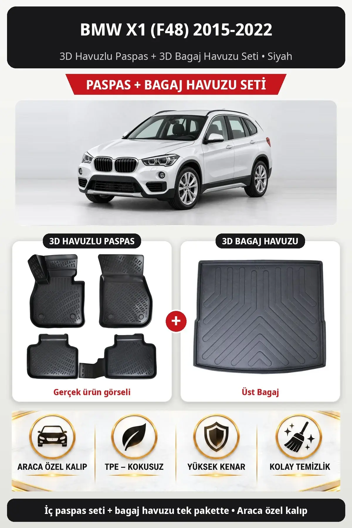 BMW X1 (F48) 2015-2022 3D Havuzlu Paspas + 3D Bagaj Havuzu Seti (Üst Bagaj) Siyah (1)