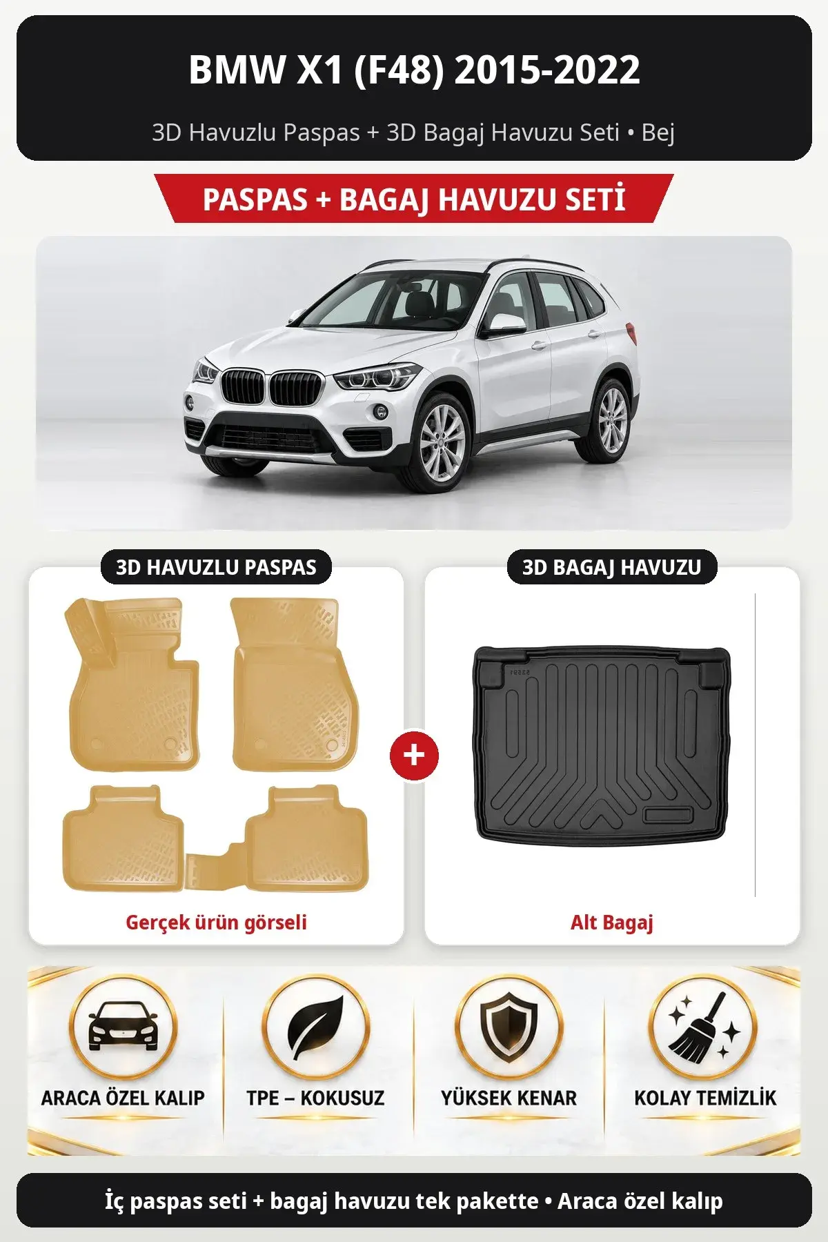 BMW X1 (F48) 2015-2022 3D Havuzlu Paspas + 3D Bagaj Havuzu Seti (Alt Bagaj) Bej (1)