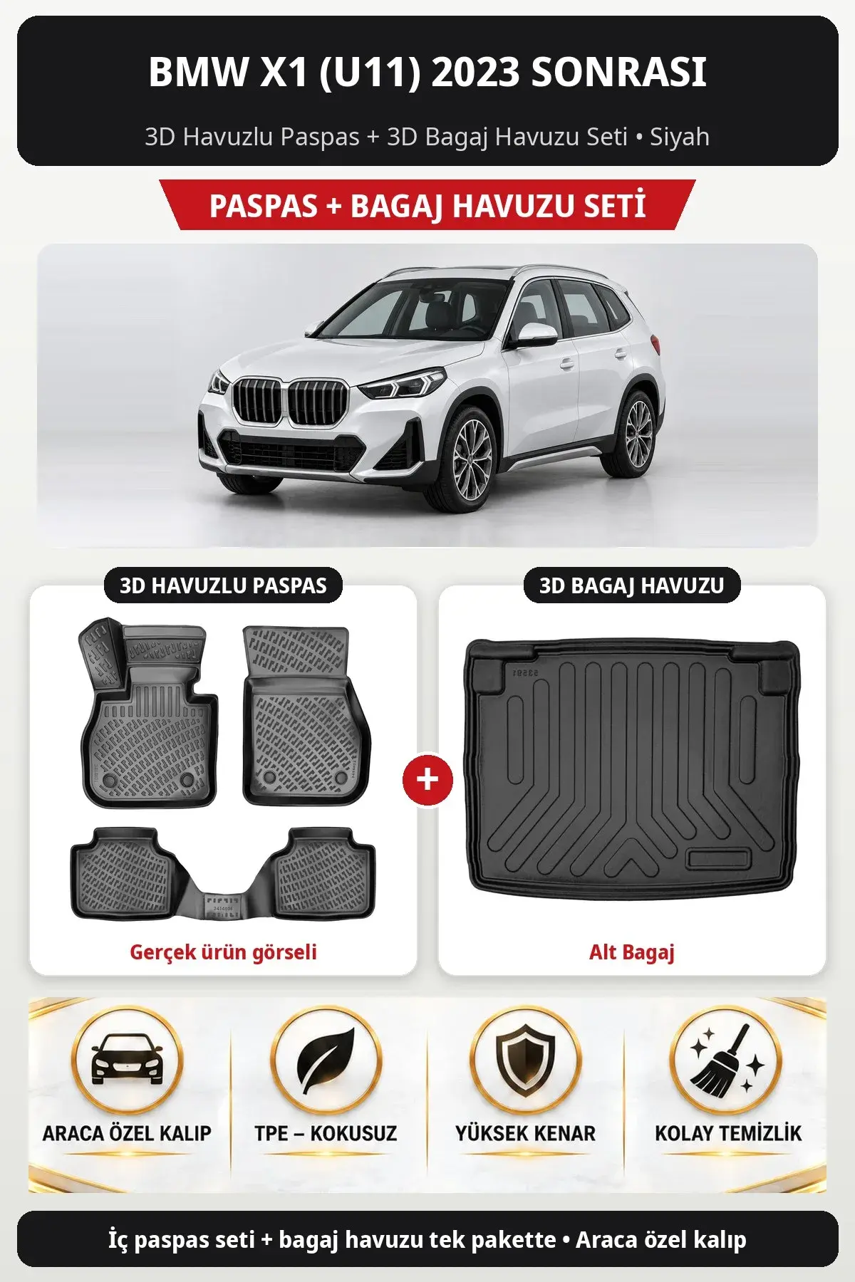 BMW X1 (U11) 2023 Sonrası 3D Havuzlu Paspas + 3D Bagaj Havuzu Seti (Alt Bagaj) Siyah (1)