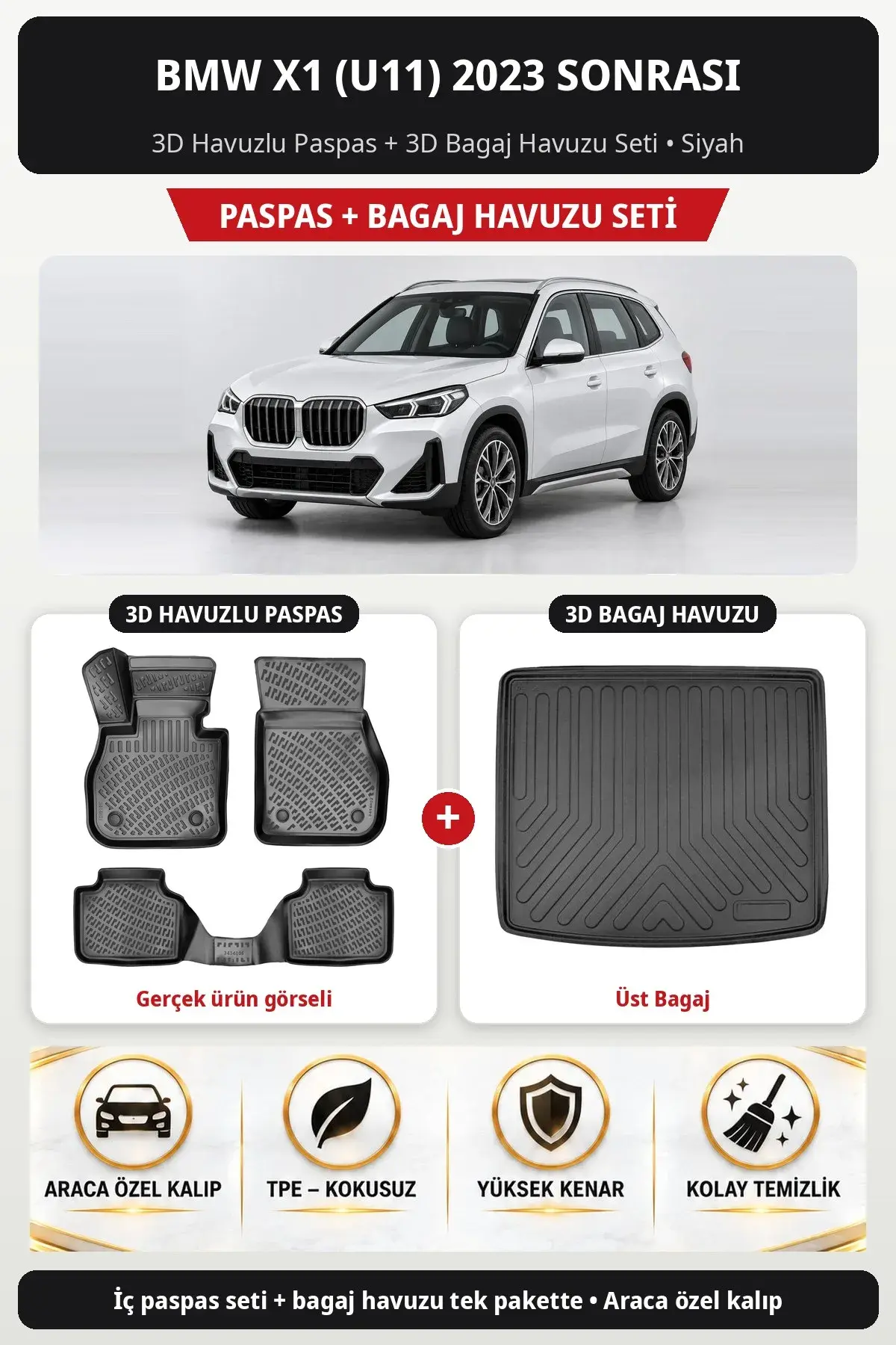 BMW X1 (U11) 2023 Sonrası 3D Havuzlu Paspas + 3D Bagaj Havuzu Seti (Üst Bagaj) Siyah (1)