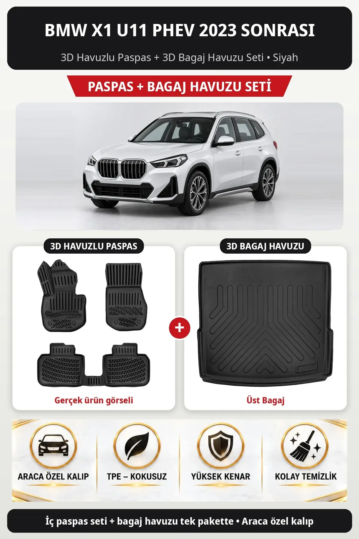 BMW X1 U11 PHEV 2023 Sonrası 3D Havuzlu Paspas + 3D Bagaj Havuzu Seti (Üst Bagaj) Siyah (1)