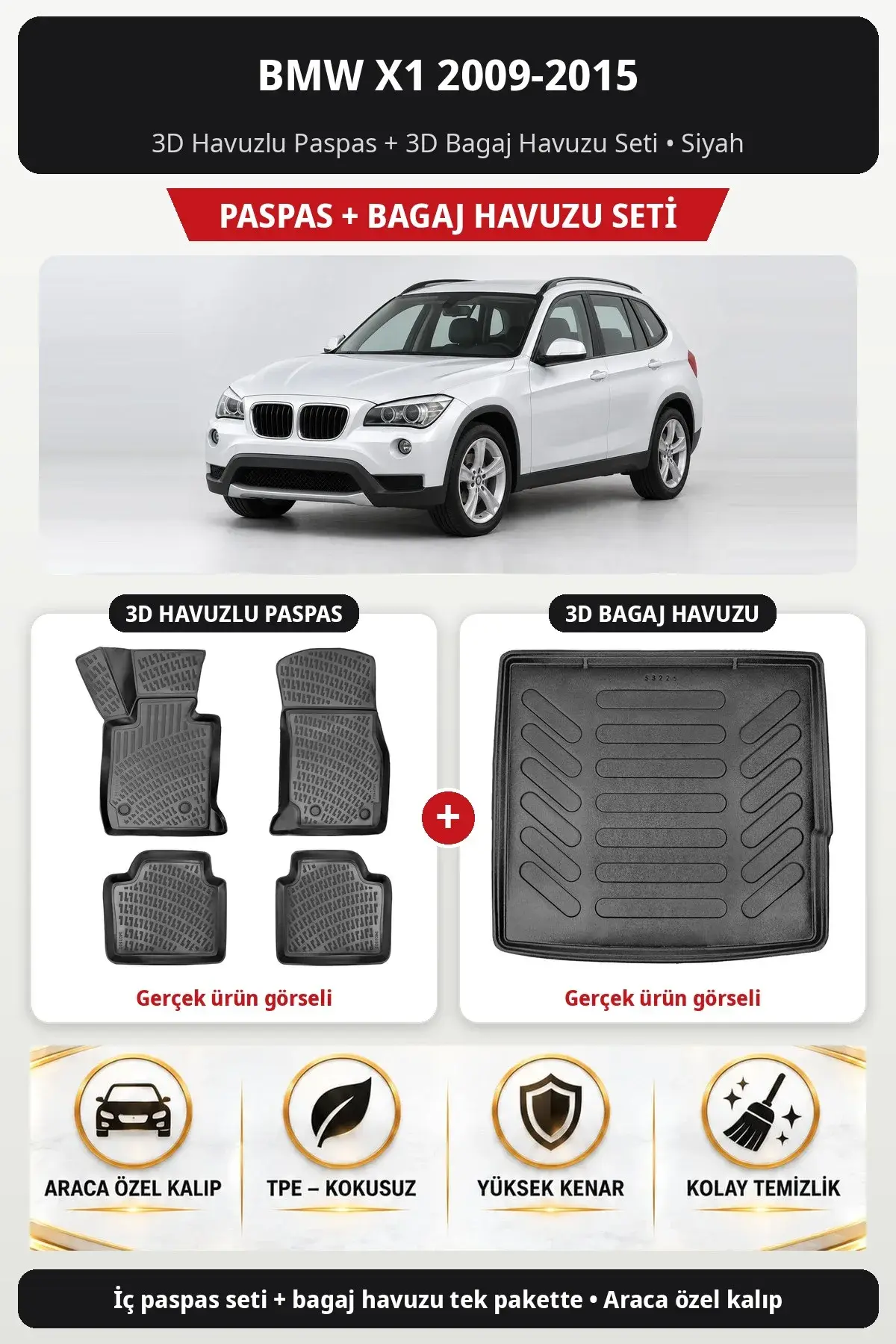 BMW X1 2009-2015 3D Havuzlu Paspas + 3D Bagaj Havuzu Seti Siyah (1)