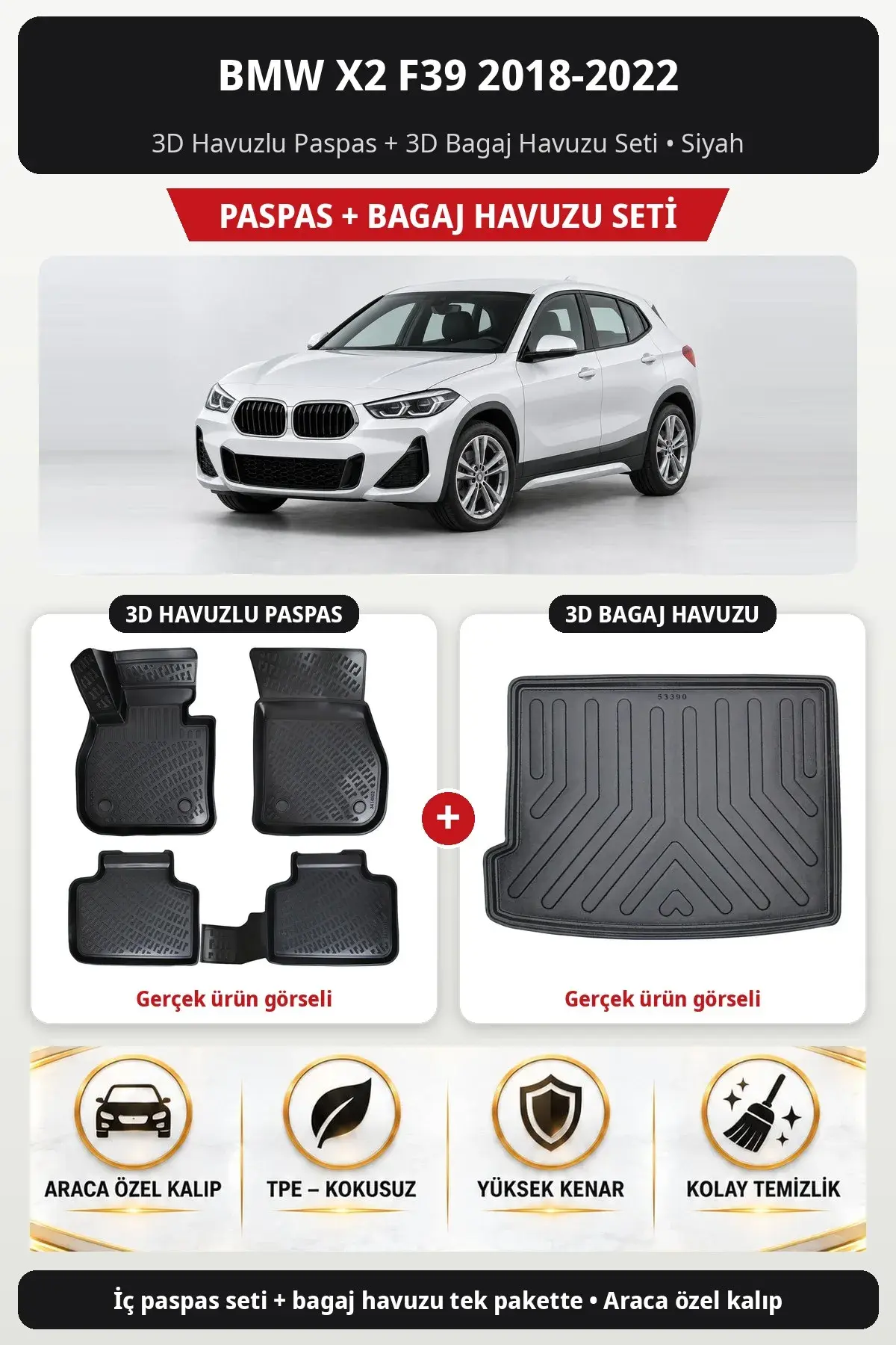 BMW X2 F39 2018-2022 3D Havuzlu Paspas + 3D Bagaj Havuzu Seti Siyah (1)