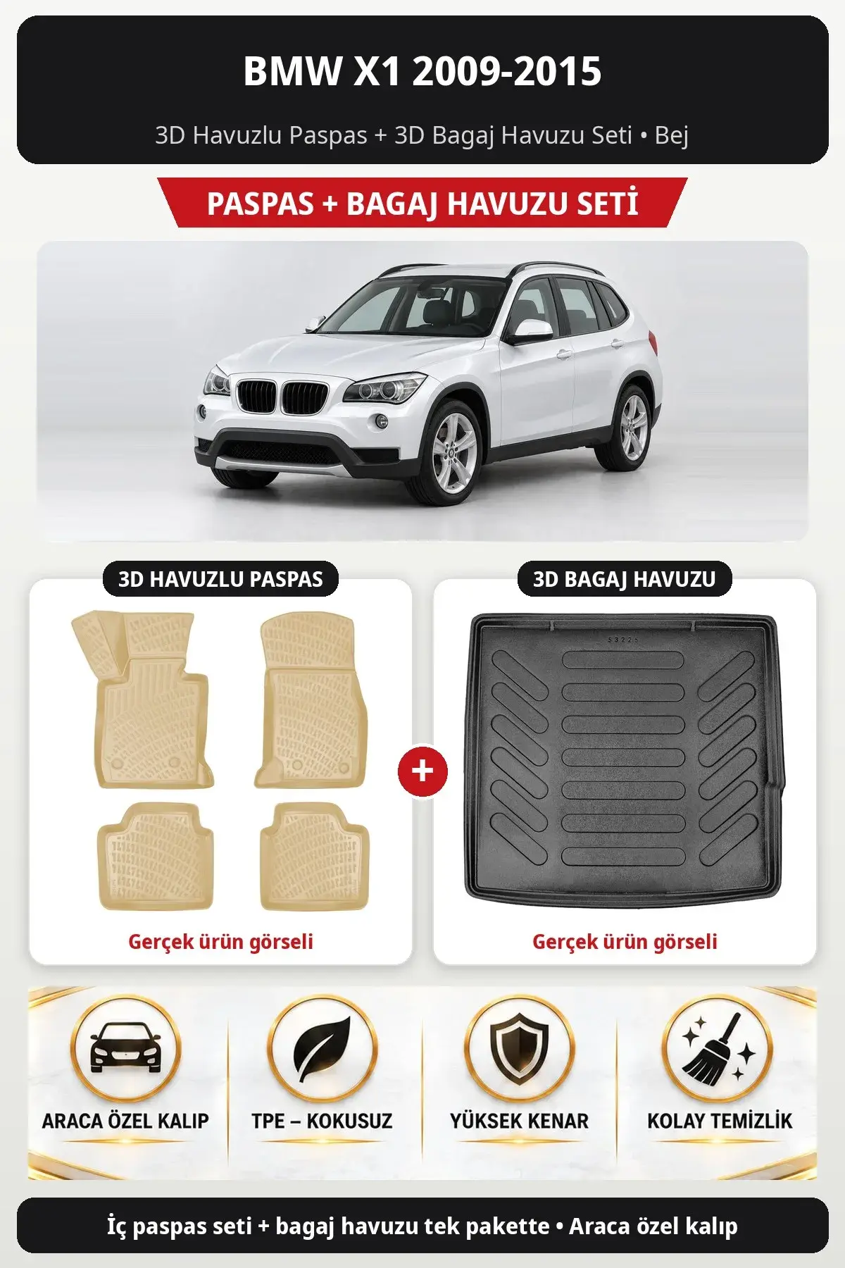 BMW X1 2009-2015 3D Havuzlu Paspas + 3D Bagaj Havuzu Seti Bej (1)