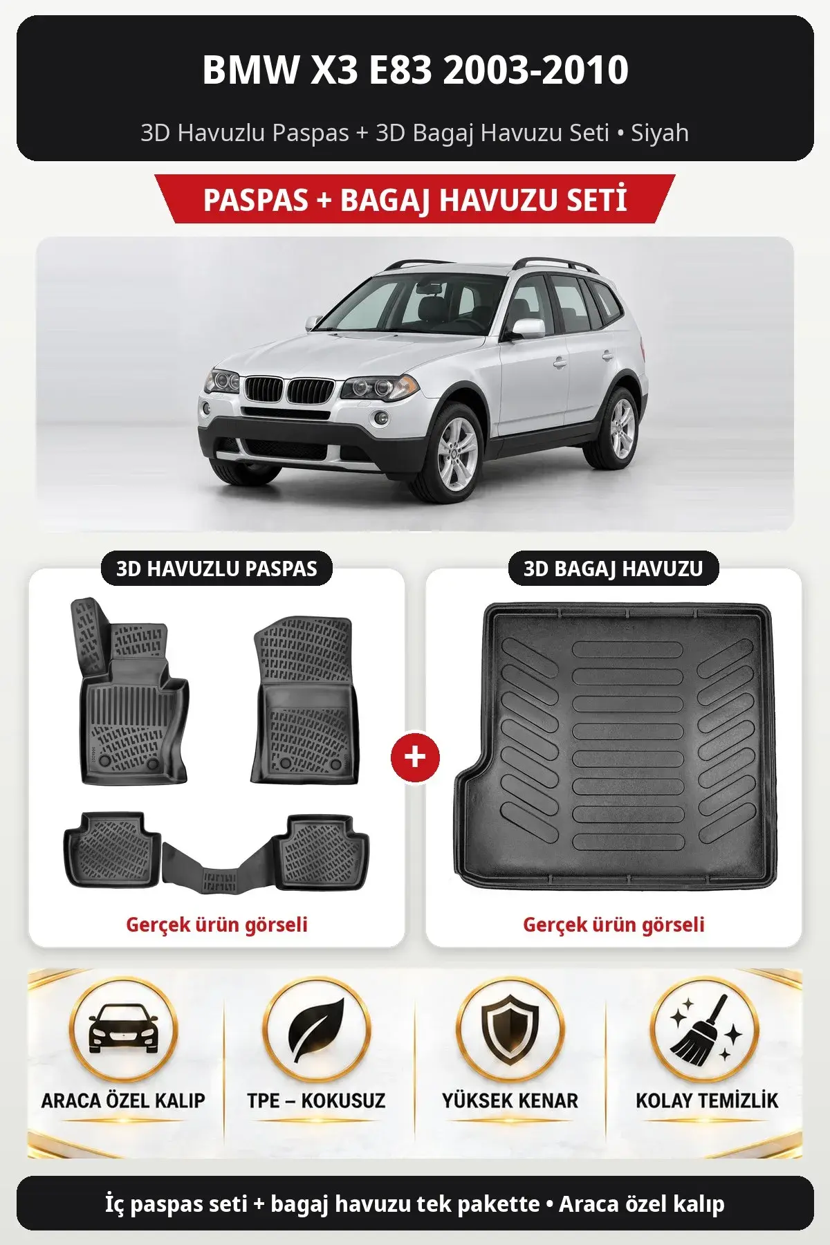 BMW X3 E83 2003-2010 3D Havuzlu Paspas + 3D Bagaj Havuzu Seti Siyah (1)