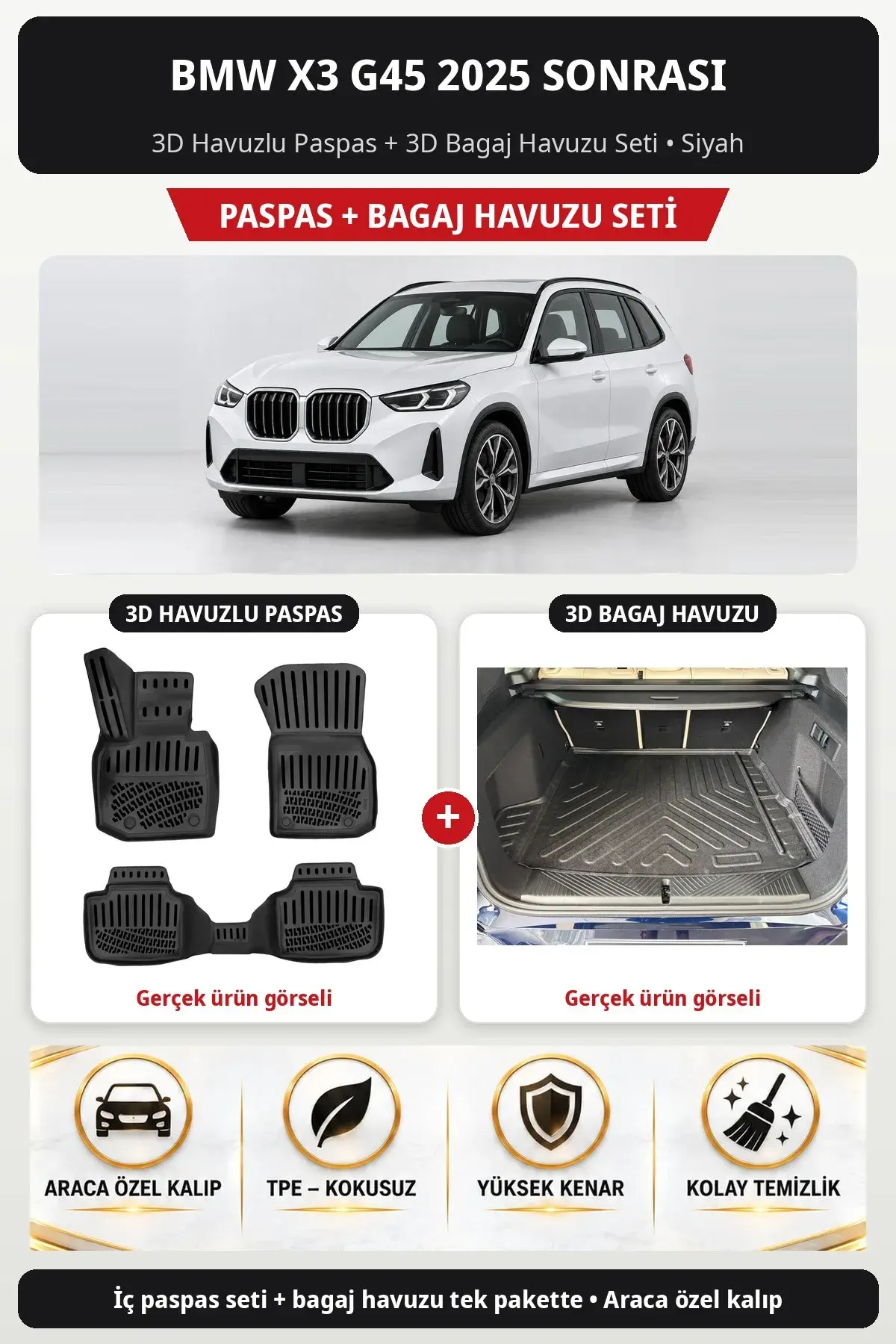 BMW X3 G45 2025 Sonrası 3D Havuzlu Paspas + 3D Bagaj Havuzu Seti Siyah (1)