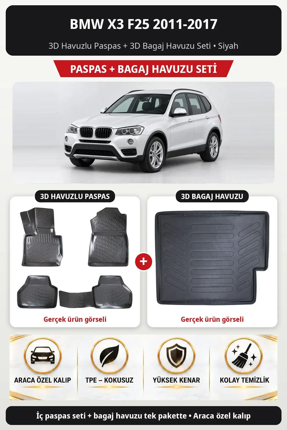 BMW X3 F25 2011-2017 3D Havuzlu Paspas + 3D Bagaj Havuzu Seti Siyah (1)