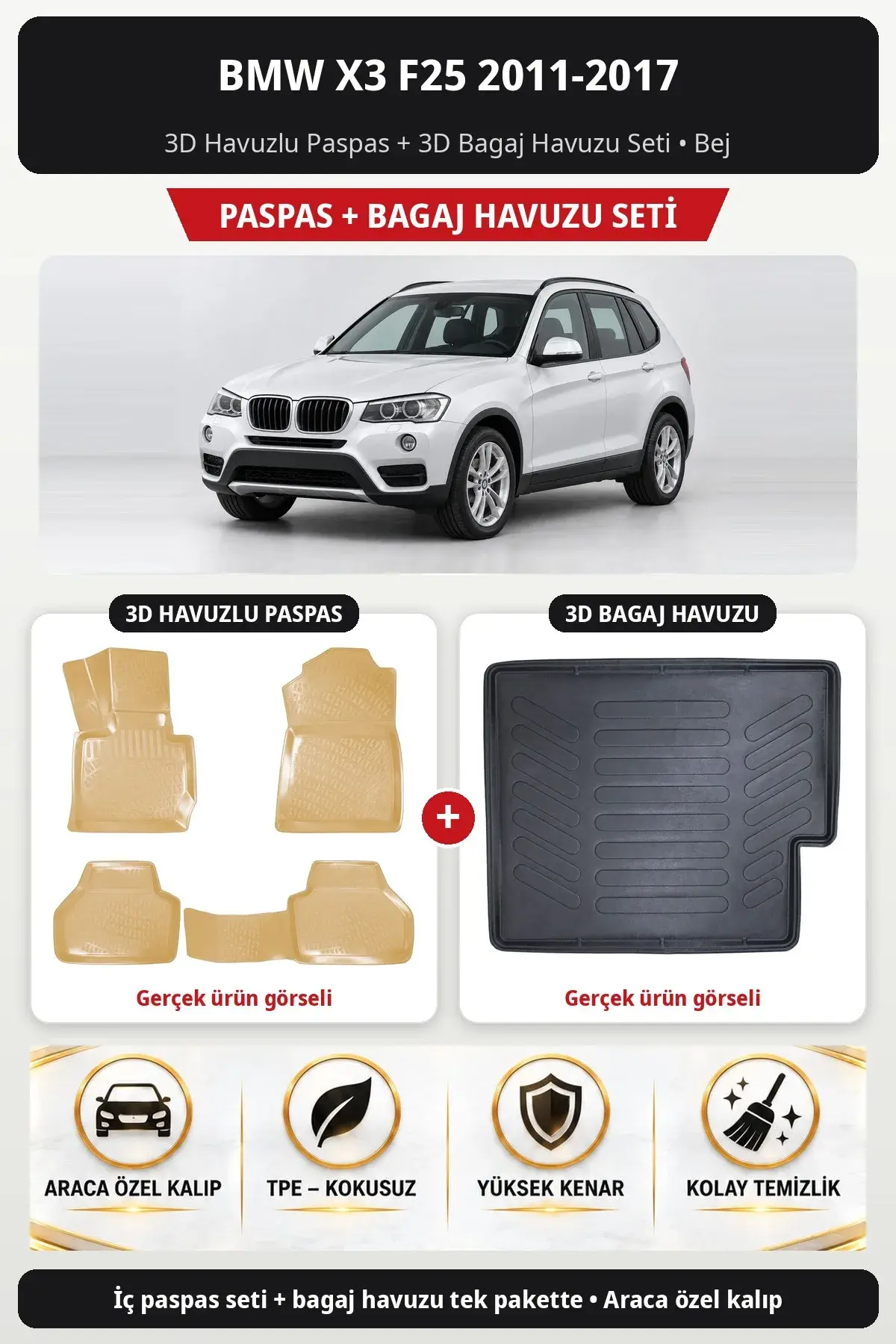 BMW X3 F25 2011-2017 3D Havuzlu Paspas + 3D Bagaj Havuzu Seti Bej (1)
