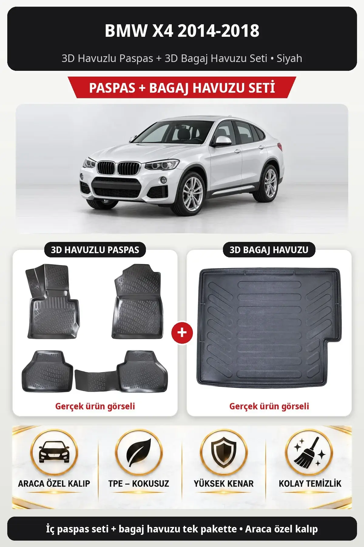 BMW X4 2014-2018 3D Havuzlu Paspas + 3D Bagaj Havuzu Seti Siyah (1)