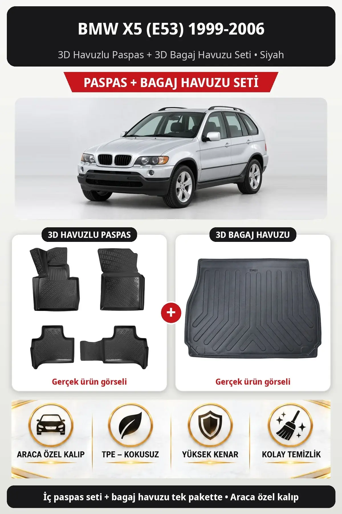 BMW X5 (E53) 1999-2006 3D Havuzlu Paspas + 3D Bagaj Havuzu Seti Siyah (1)