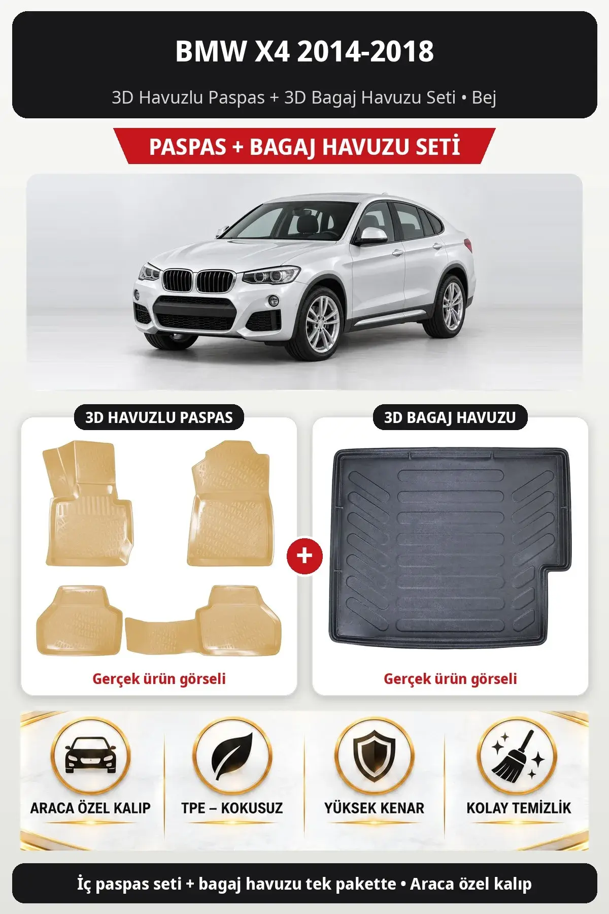 BMW X4 2014-2018 3D Havuzlu Paspas + 3D Bagaj Havuzu Seti Bej (1)