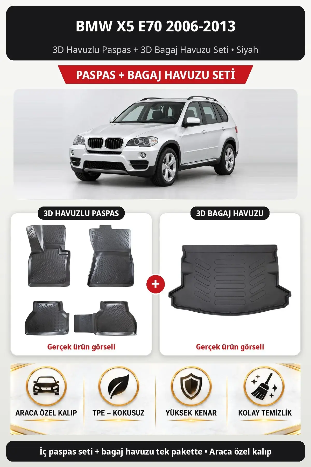 BMW X5 E70 2006-2013 3D Havuzlu Paspas + 3D Bagaj Havuzu Seti Siyah (1)