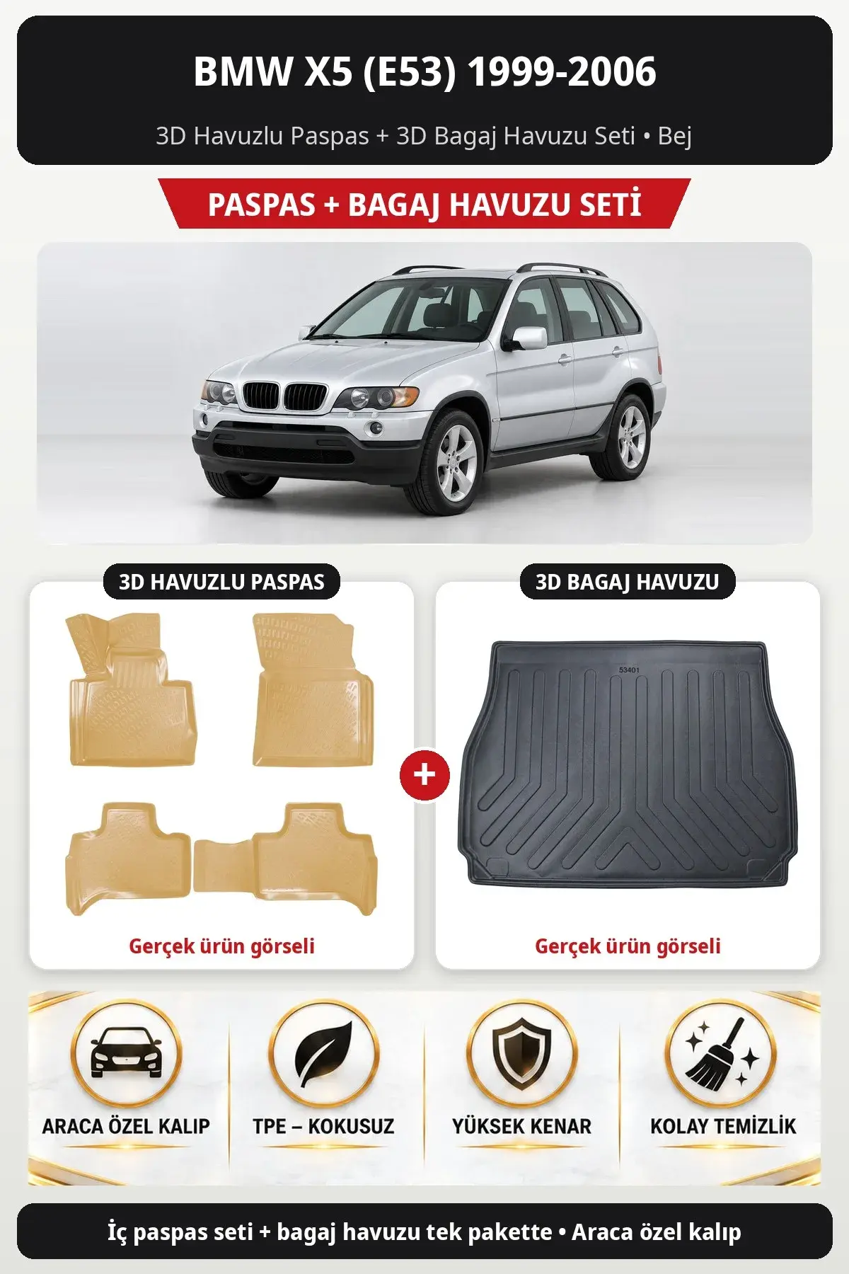 BMW X5 (E53) 1999-2006 3D Havuzlu Paspas + 3D Bagaj Havuzu Seti Bej (1)