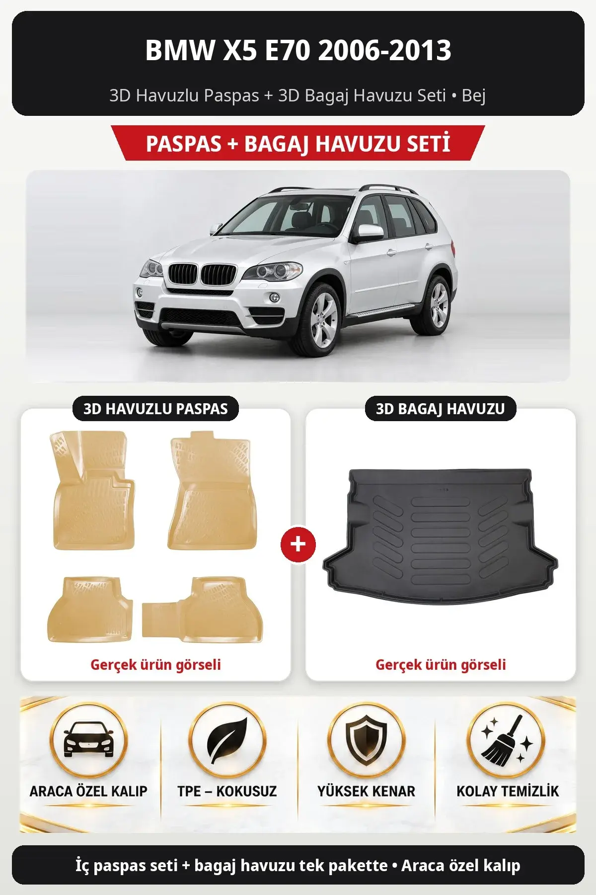 BMW X5 E70 2006-2013 3D Havuzlu Paspas + 3D Bagaj Havuzu Seti Bej (1)