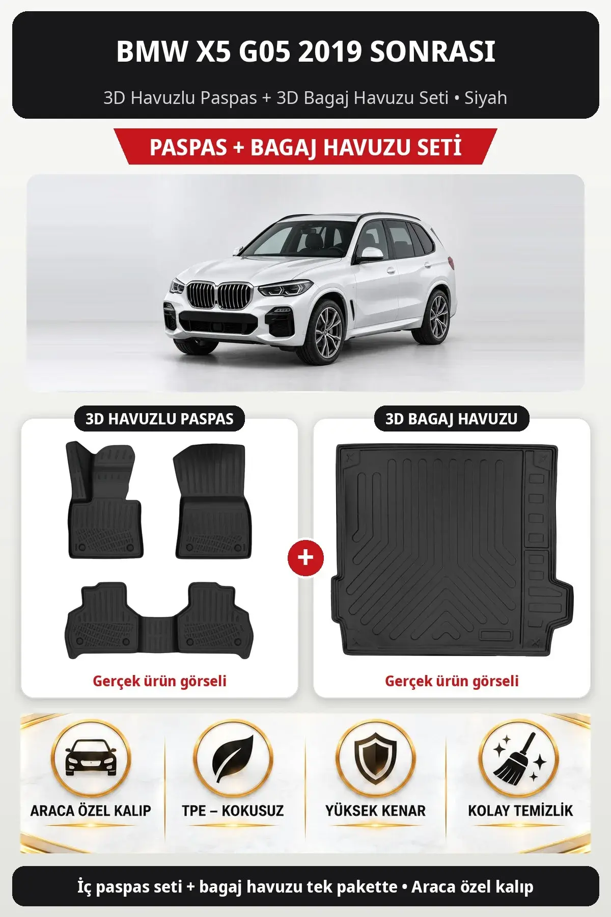 BMW X5 G05 2019 Sonrası 3D Havuzlu Paspas + 3D Bagaj Havuzu Seti Siyah (1)