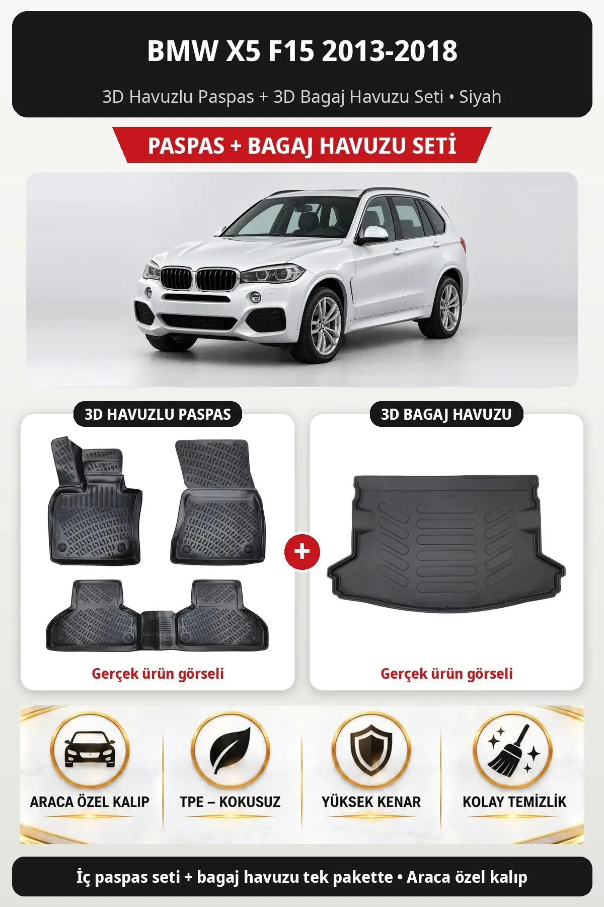 BMW X5 F15 2013-2018 3D Havuzlu Paspas + 3D Bagaj Havuzu Seti Siyah (1)