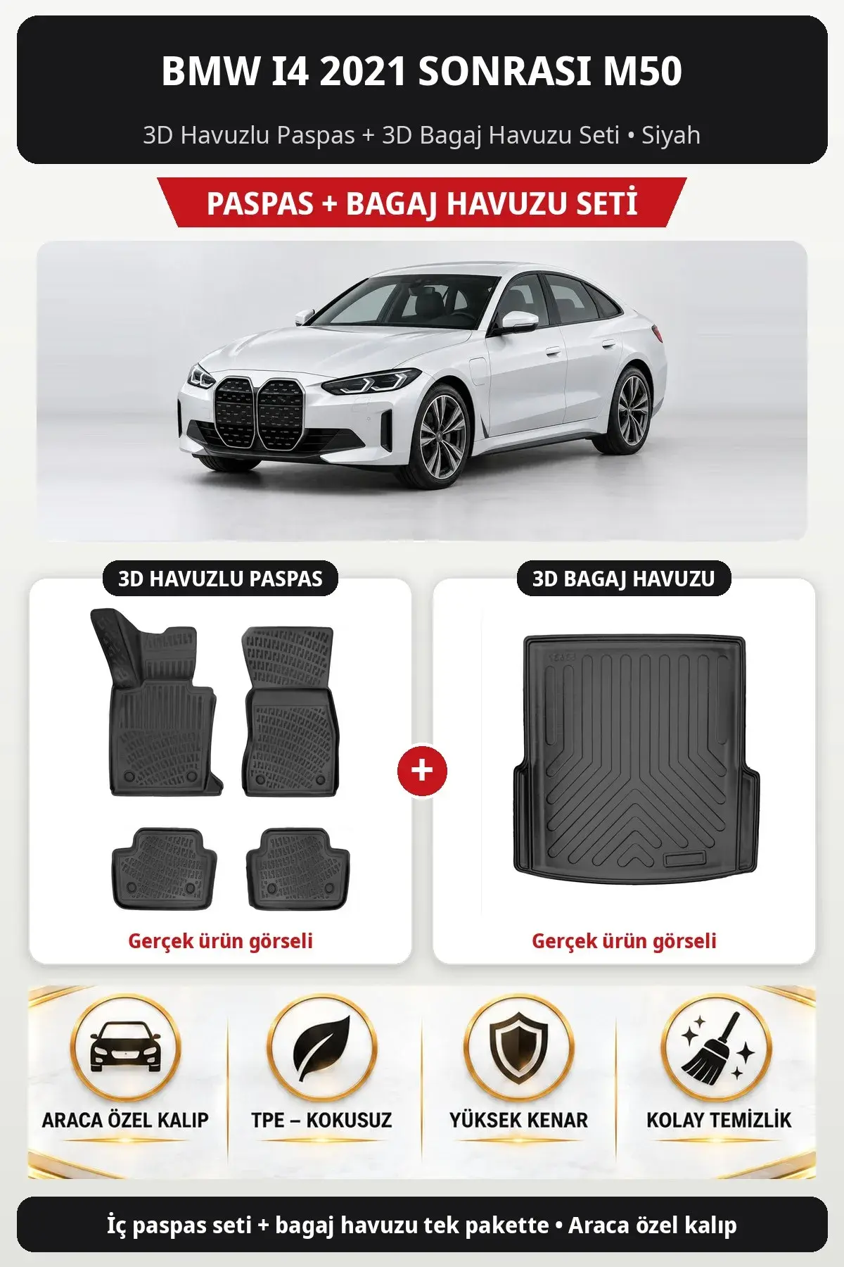 BMW i4 2021 Sonrası M50 3D Havuzlu Paspas + 3D Bagaj Havuzu Seti Siyah (1)