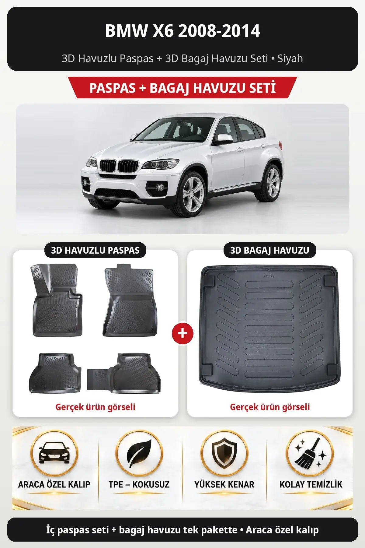 BMW X6 2008-2014 3D Havuzlu Paspas + 3D Bagaj Havuzu Seti Siyah (1)