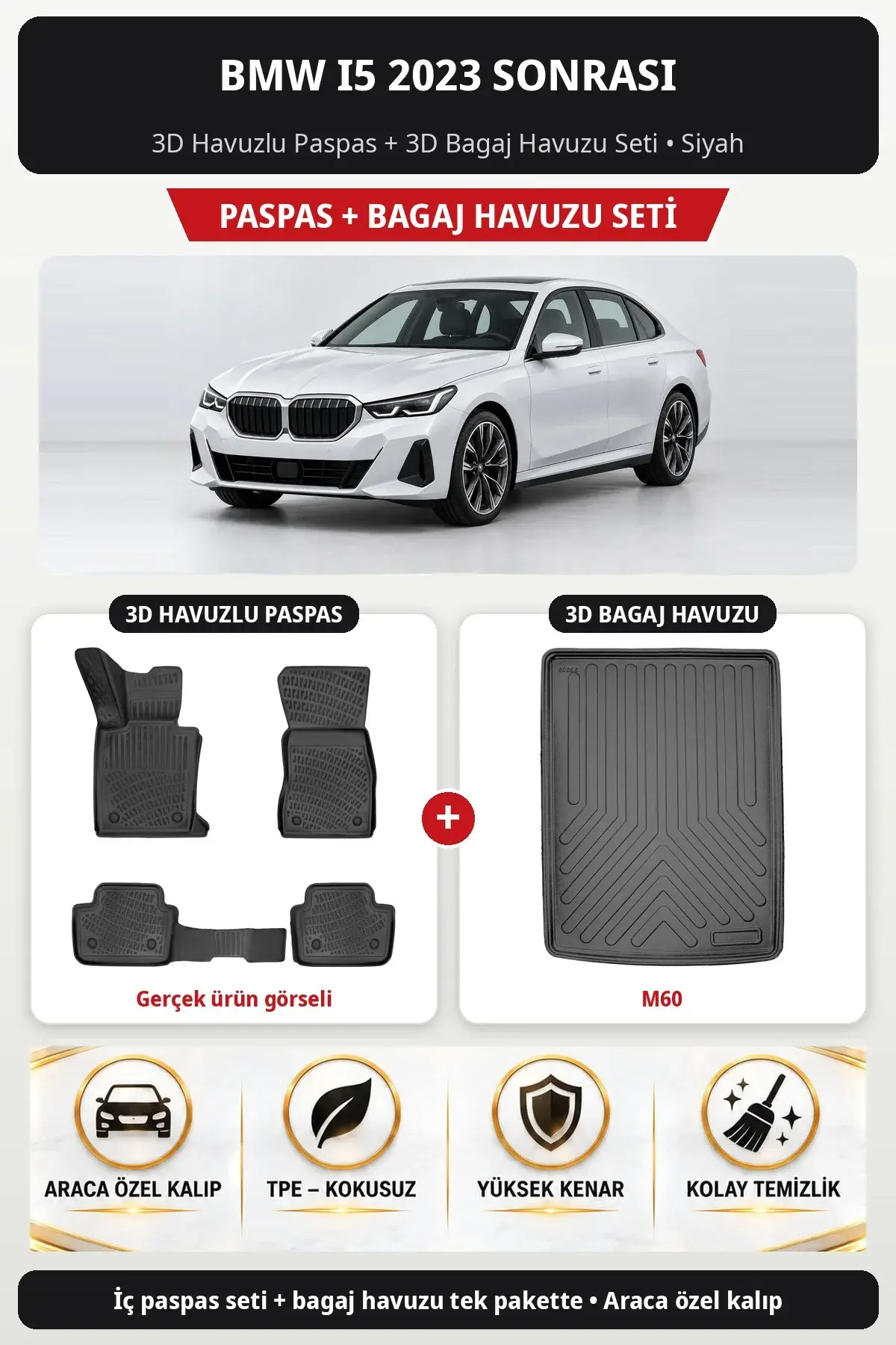 BMW i5 2023 Sonrası 3D Havuzlu Paspas + 3D Bagaj Havuzu Seti (M60) Siyah (1)