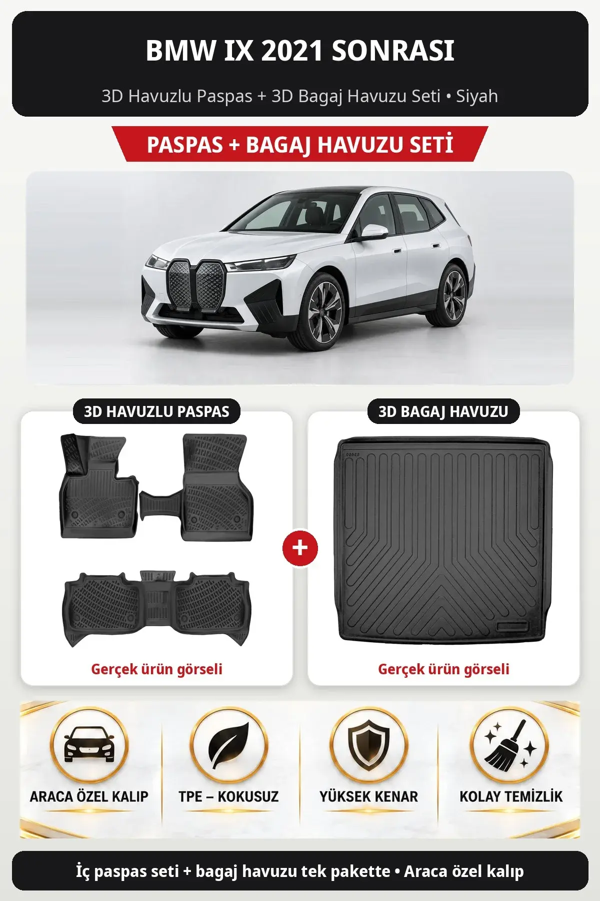 BMW iX 2021 Sonrası 3D Havuzlu Paspas + 3D Bagaj Havuzu Seti Siyah (1)
