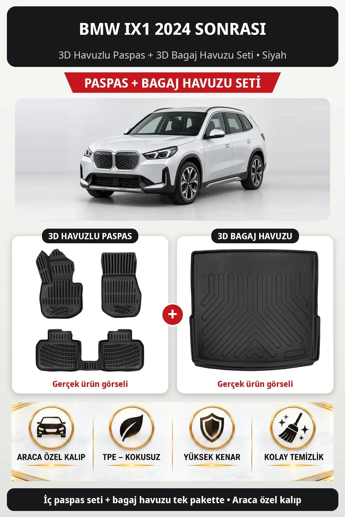 BMW iX1 2024 Sonrası 3D Havuzlu Paspas + 3D Bagaj Havuzu Seti Siyah (1)