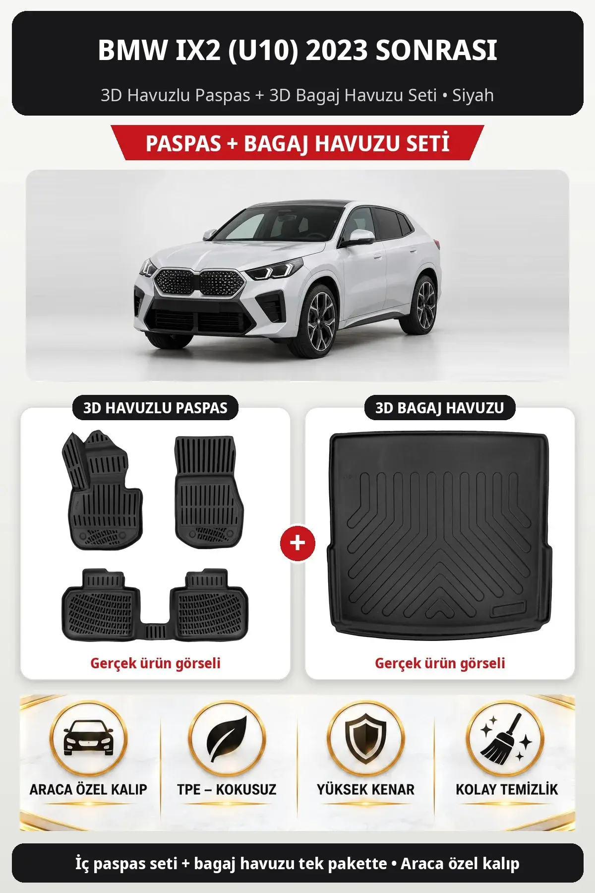 BMW iX2 (U10) 2023 Sonrası 3D Havuzlu Paspas + 3D Bagaj Havuzu Seti Siyah (1)