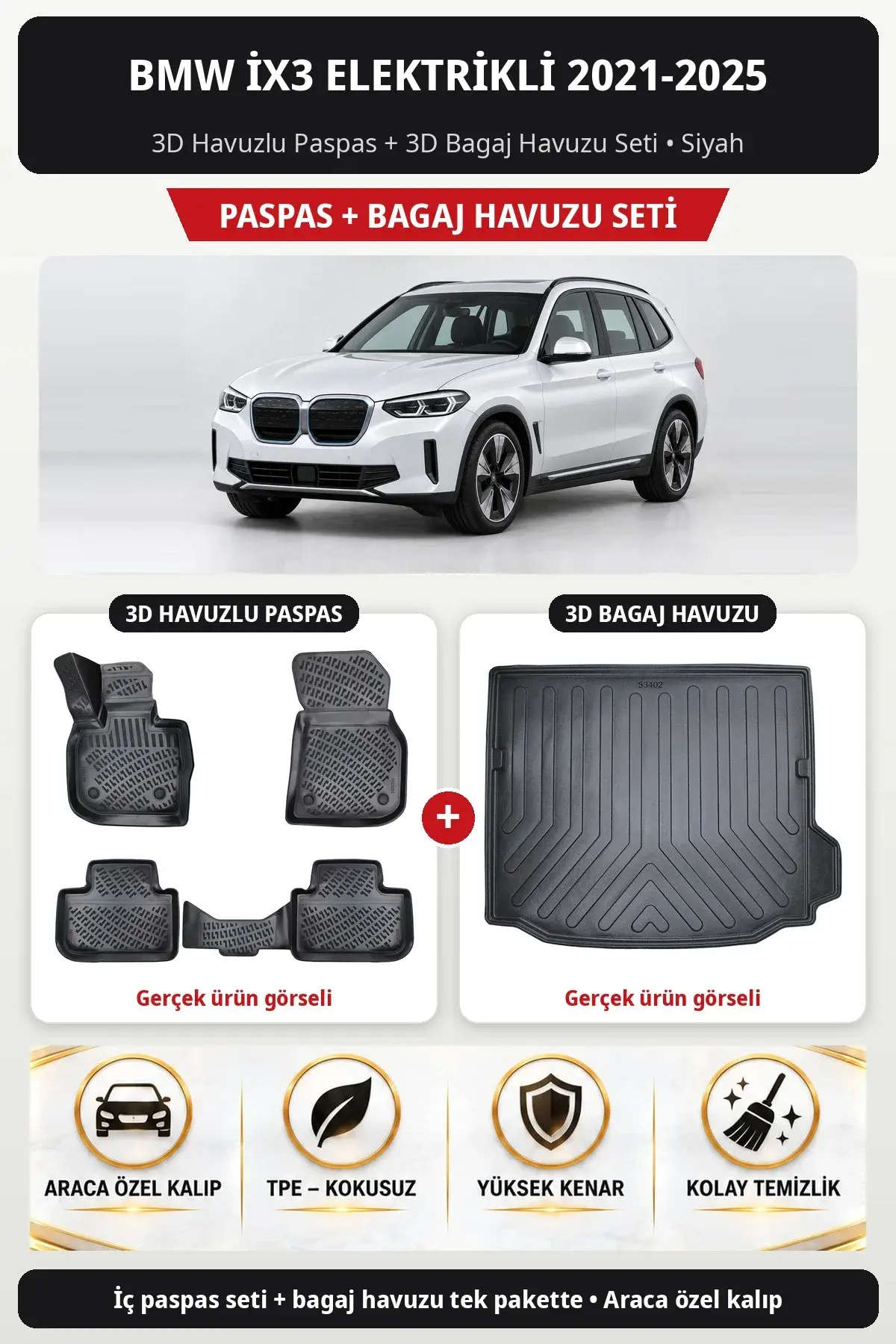 BMW İX3 Elektrikli 2021-2025 3D Havuzlu Paspas + 3D Bagaj Havuzu Seti Siyah (1)