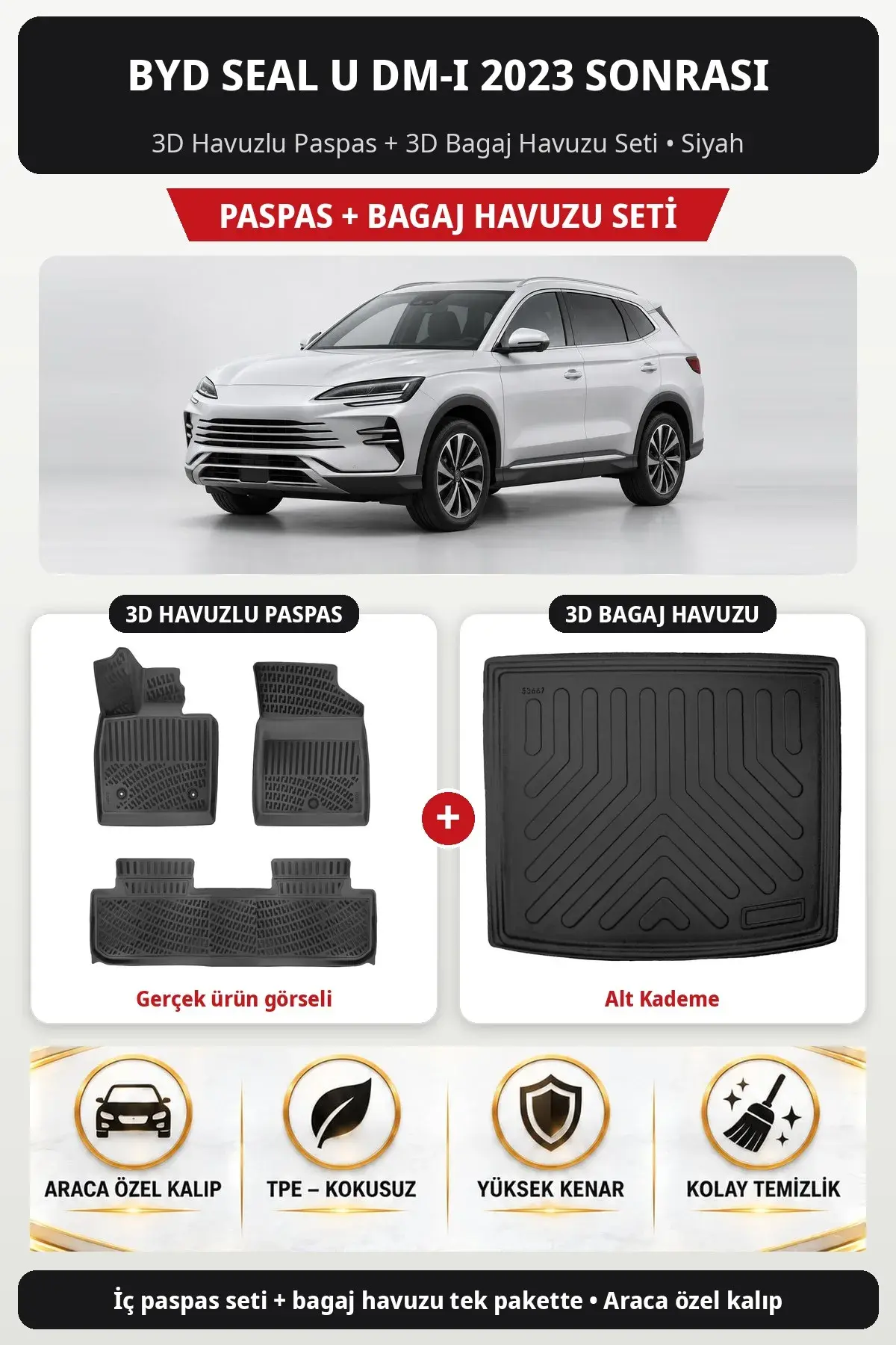 Byd Seal U DM-i 2023 Sonrası 3D Havuzlu Paspas + 3D Bagaj Havuzu Seti (Alt Kademe) Siyah (1)