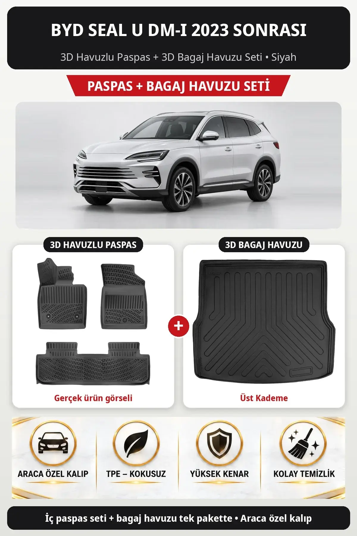 Byd Seal U DM-i 2023 Sonrası 3D Havuzlu Paspas + 3D Bagaj Havuzu Seti (Üst Kademe) Siyah (1)