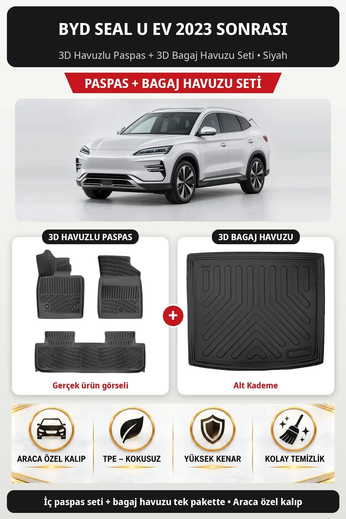 Byd Seal U EV 2023 Sonrası 3D Havuzlu Paspas + 3D Bagaj Havuzu Seti (Alt Kademe) Siyah (1)