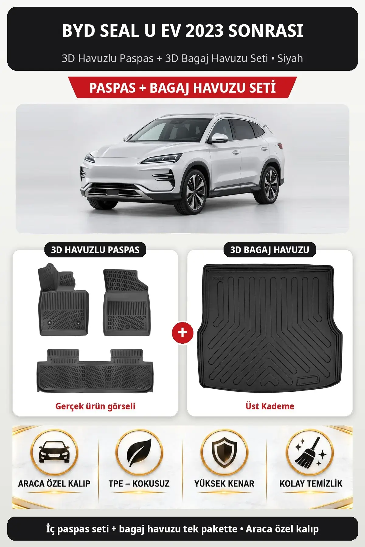 Byd Seal U EV 2023 Sonrası 3D Havuzlu Paspas + 3D Bagaj Havuzu Seti (Üst Kademe) Siyah (1)